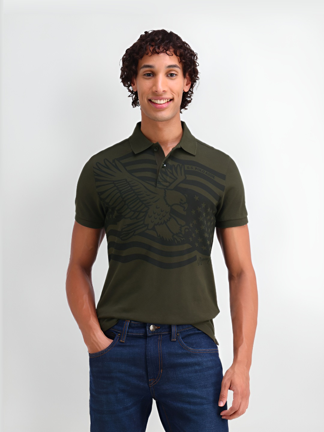 

U.S. Polo Assn. Denim Co. Men Graphic Printed Polo Collar Cotton Slim Fit T-shirt, Olive