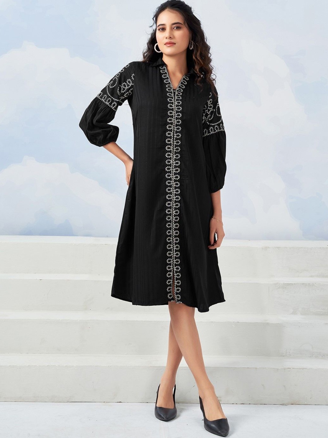 

Selvia Women Ethnic Motifs Embroidered A-Line Dress, Black