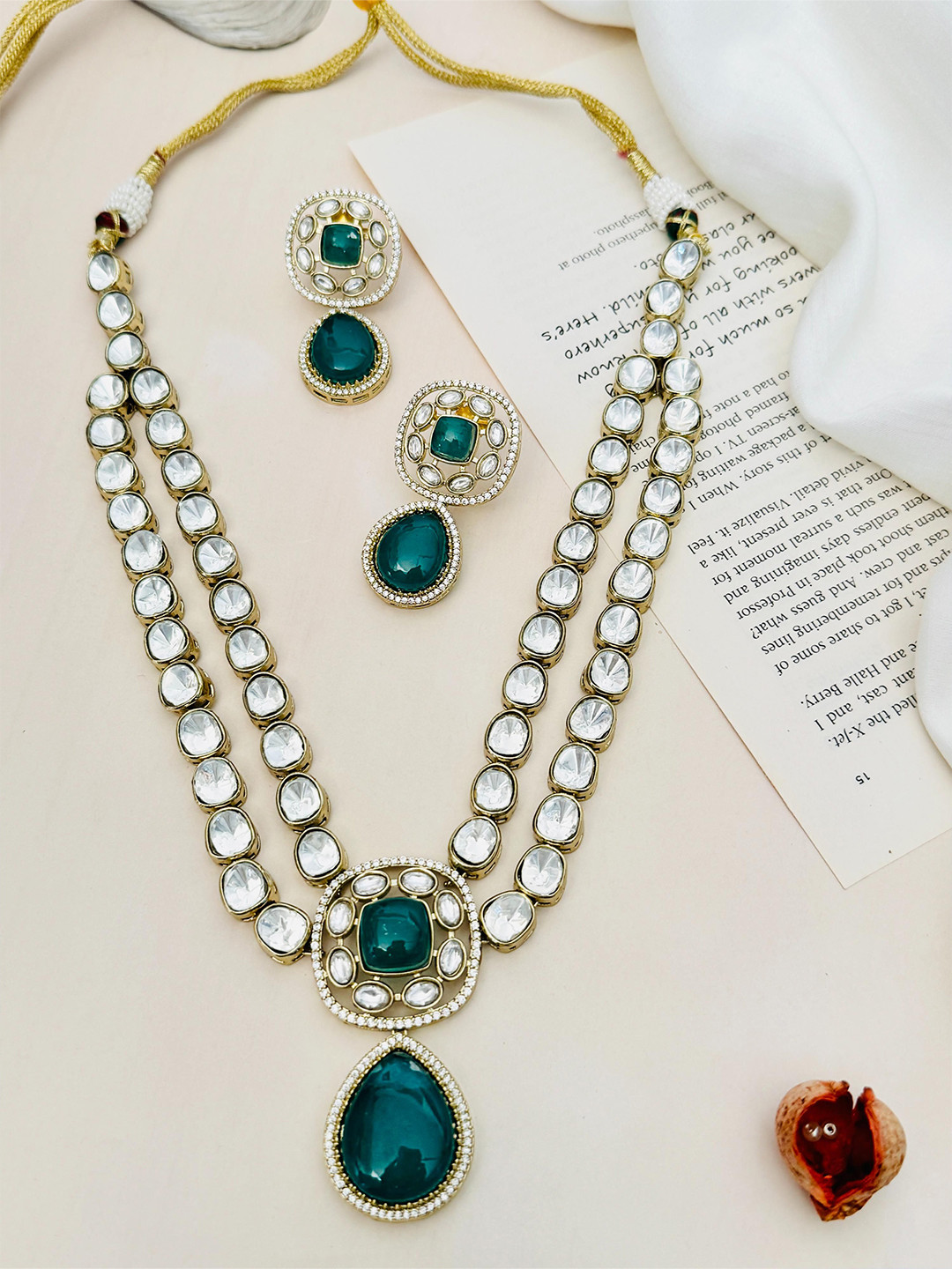 

ABDESIGNS Gold Plated Polki American Diamond-Studded Jewellery Set