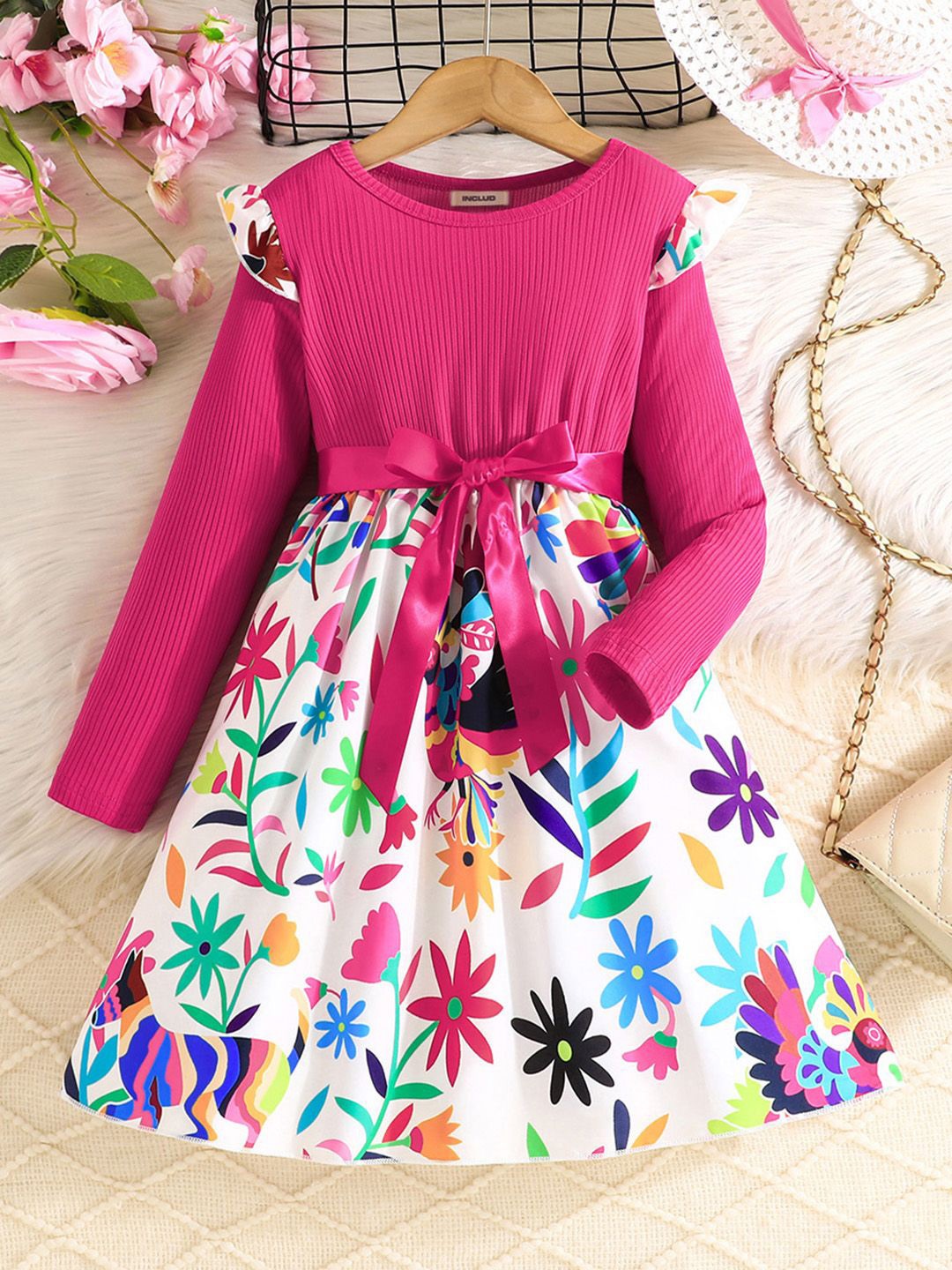 

INCLUD Girls Floral Print Fit & Flare Dress, Pink