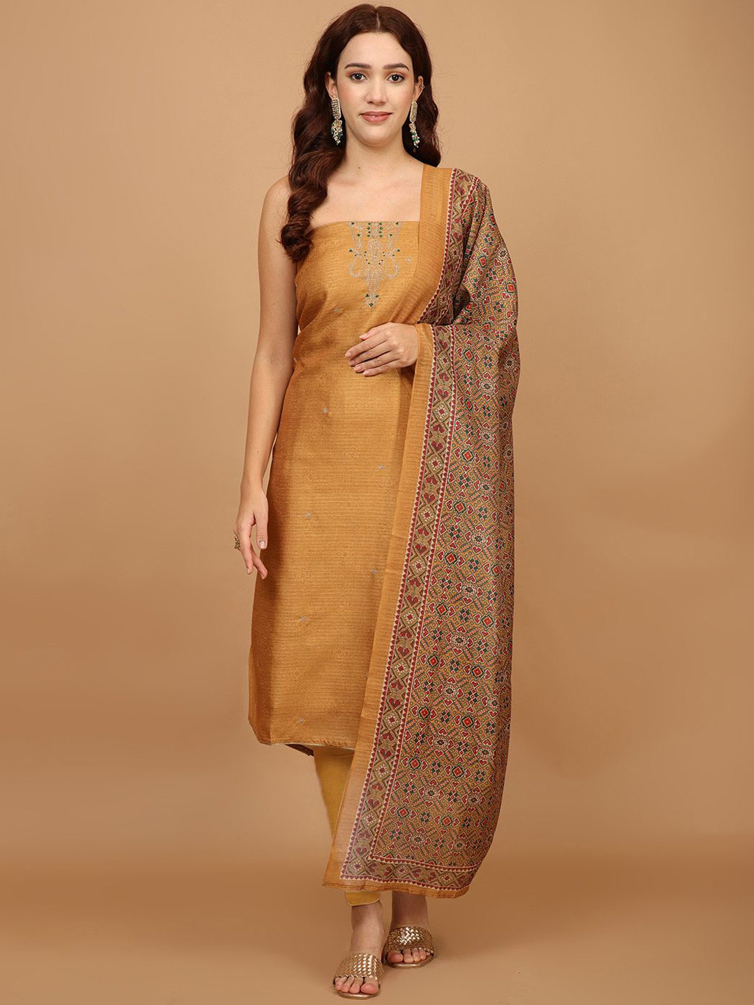 

Meena Bazaar Embroidered Art Silk Unstitched Dress Material, Yellow