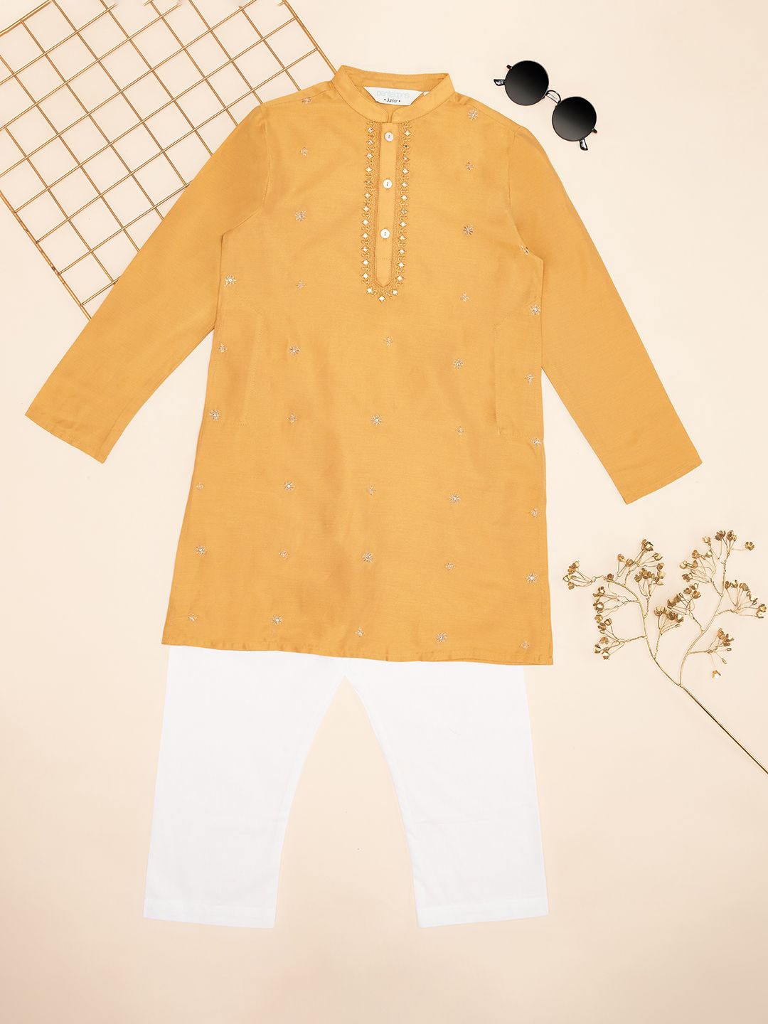 

indus route by Pantaloons Boys Floral Embroidered Mandarin Collar Kurta with Pyjama, Mustard