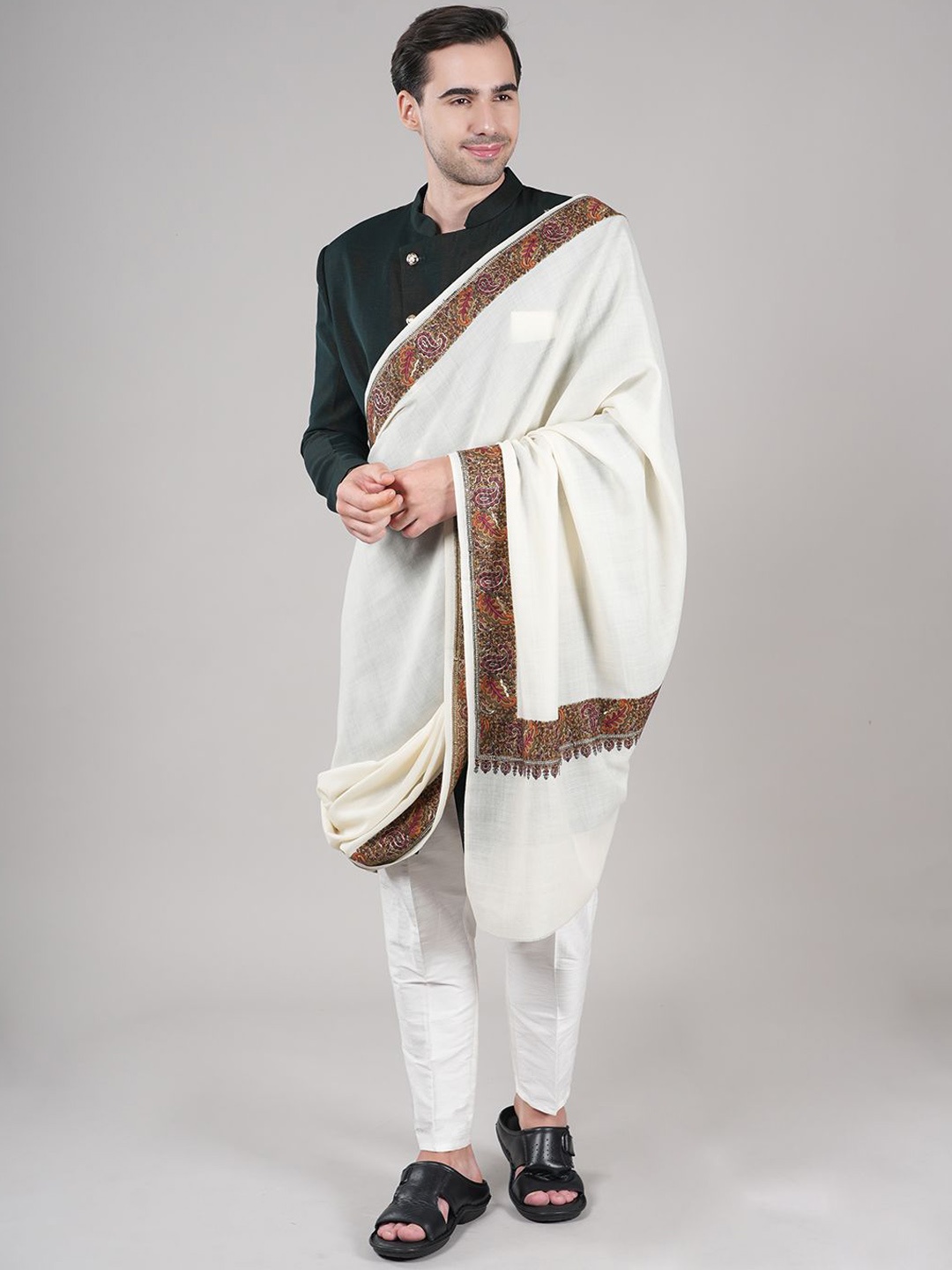 

MUFFLY Paisley Printed Pashmina Woollen Shawl, White