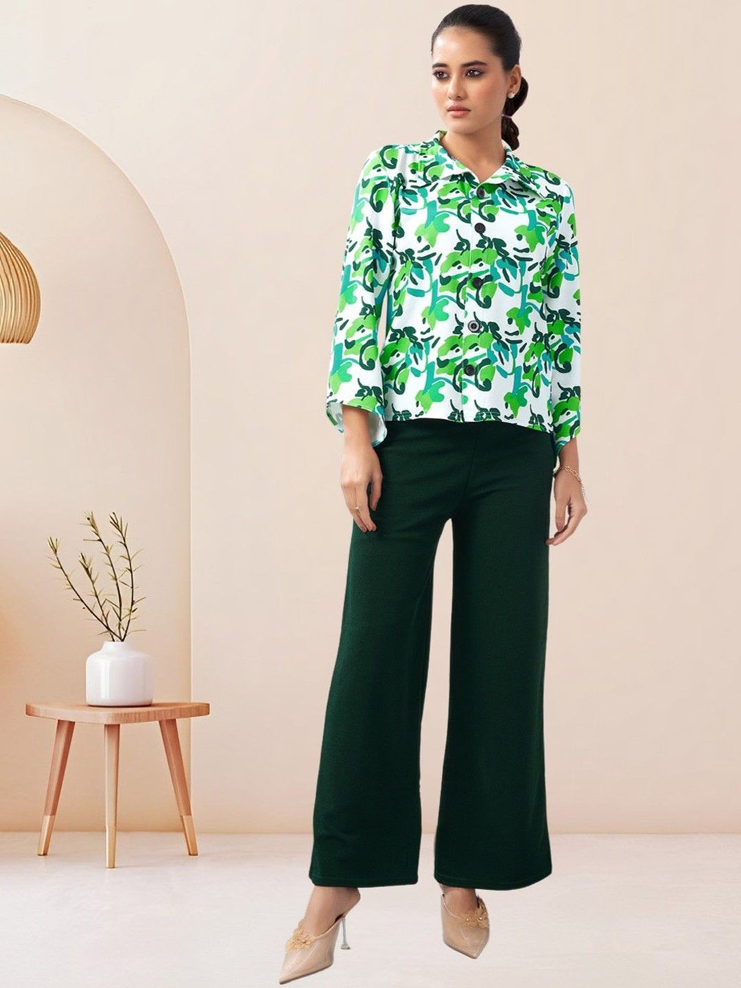 

Selvia Shirt Collar Printed Shirt With Palazzo, Green