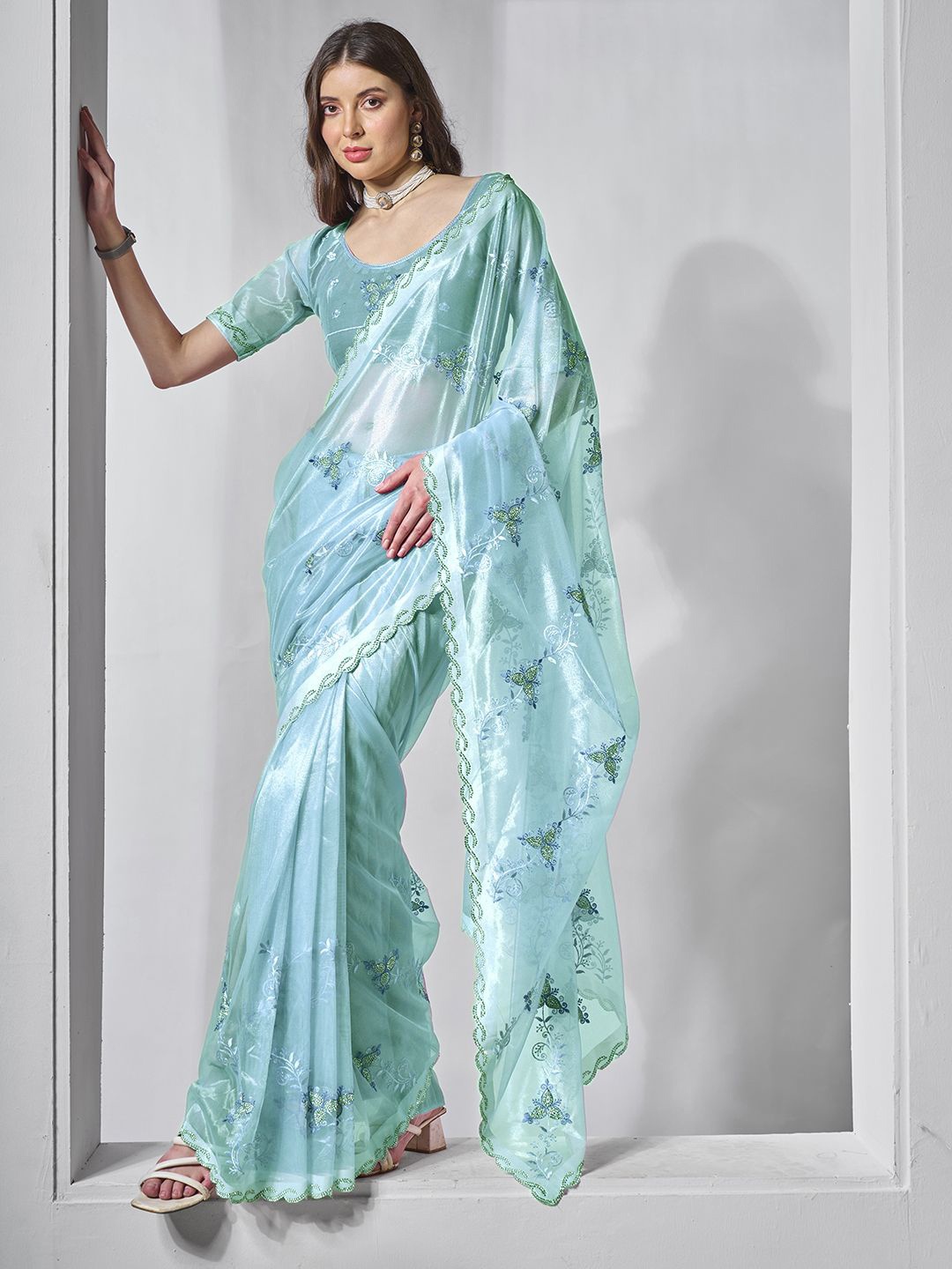 

Mitera Embellished Beads and Stones Organza Saree, Turquoise blue