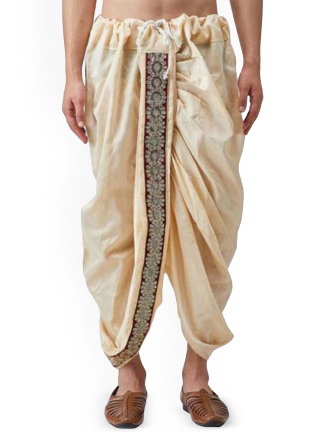 

FANZI Men Silk Dhoti Pant with Lace Work, Beige