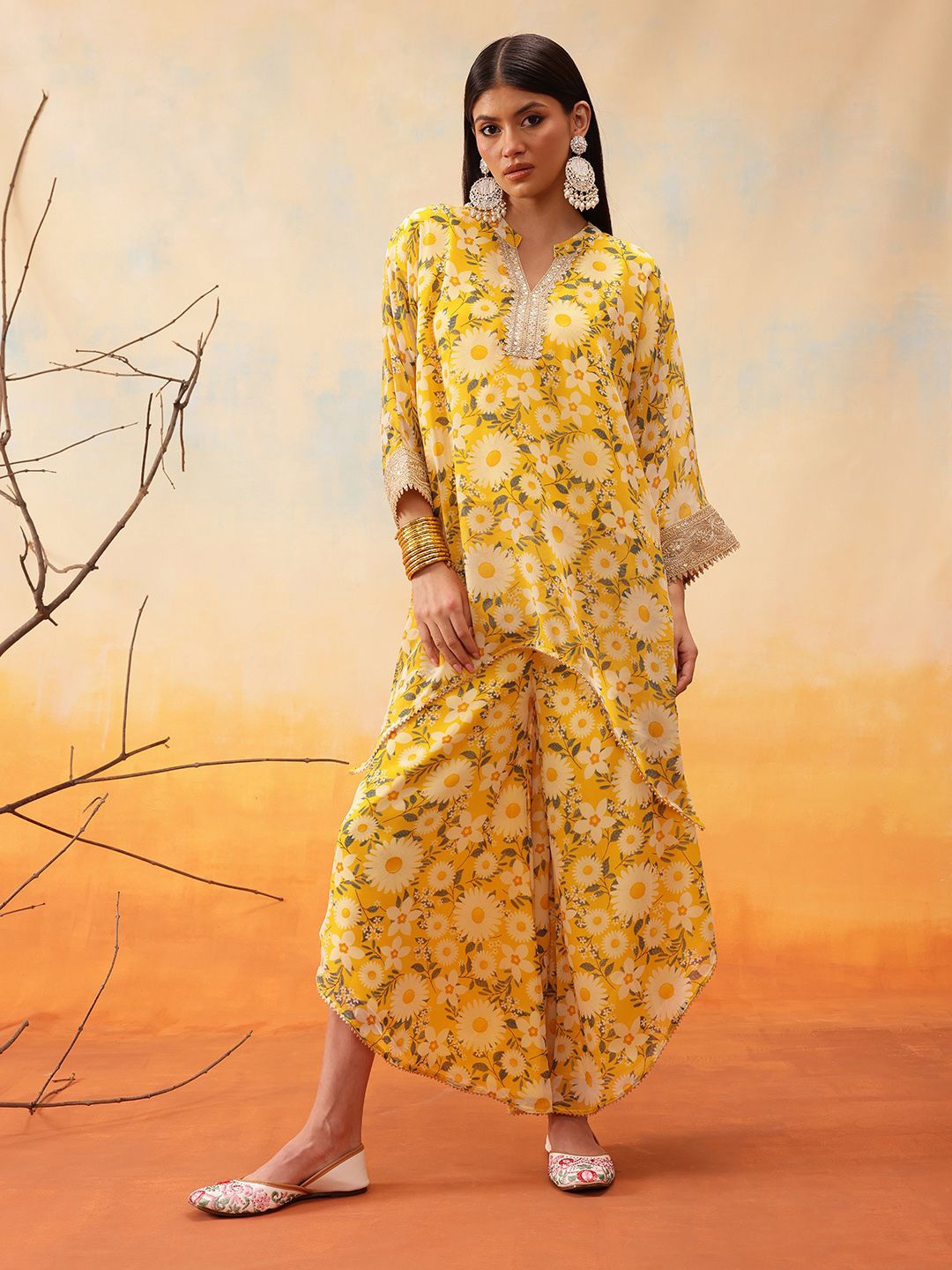 

indo street Floral Printed Mandarin Collar Top With Trousers, Yellow
