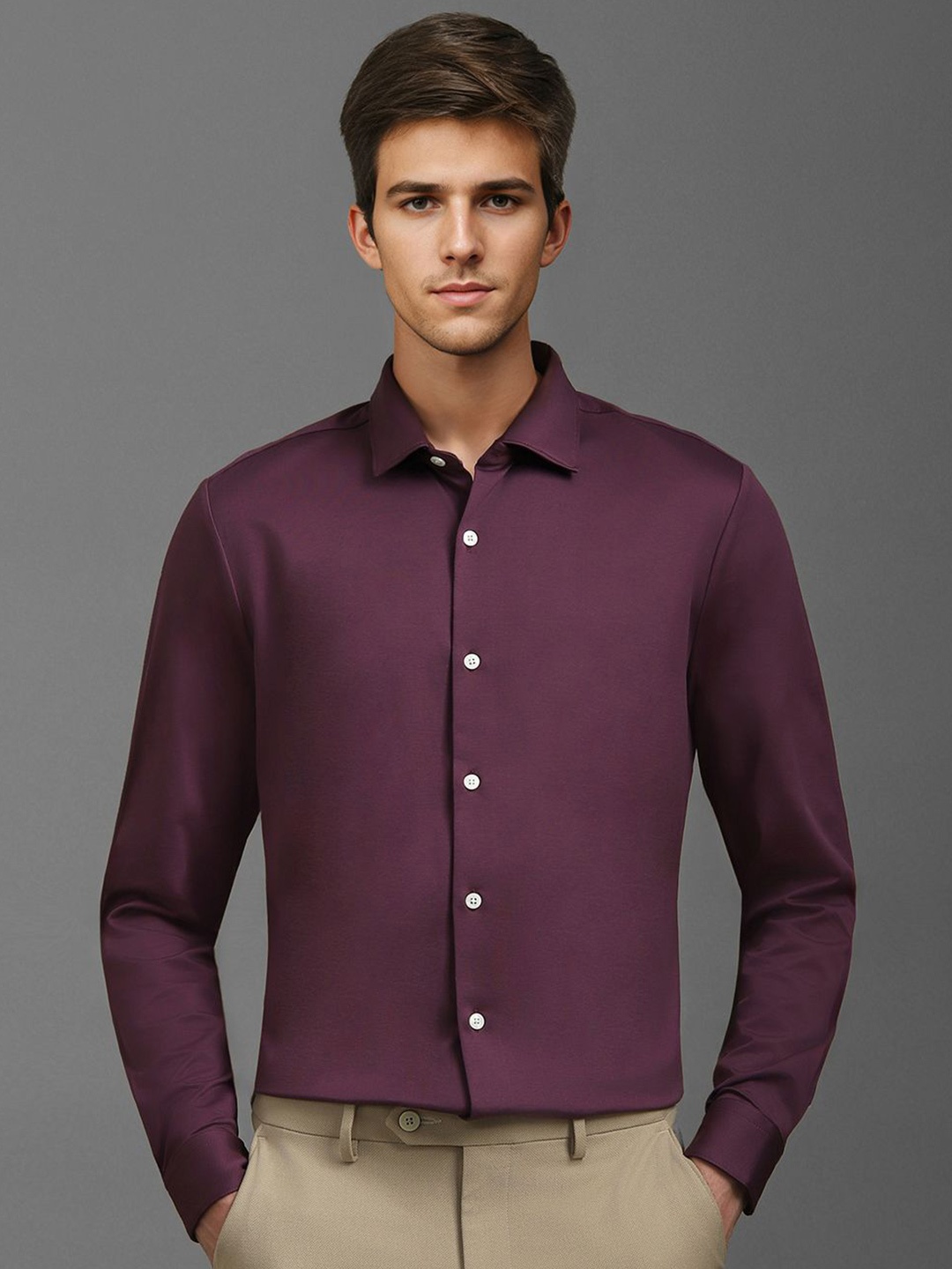 

Louis Philippe Men Spread Collar Solid Cotton Slim Fit Formal Shirt, Maroon
