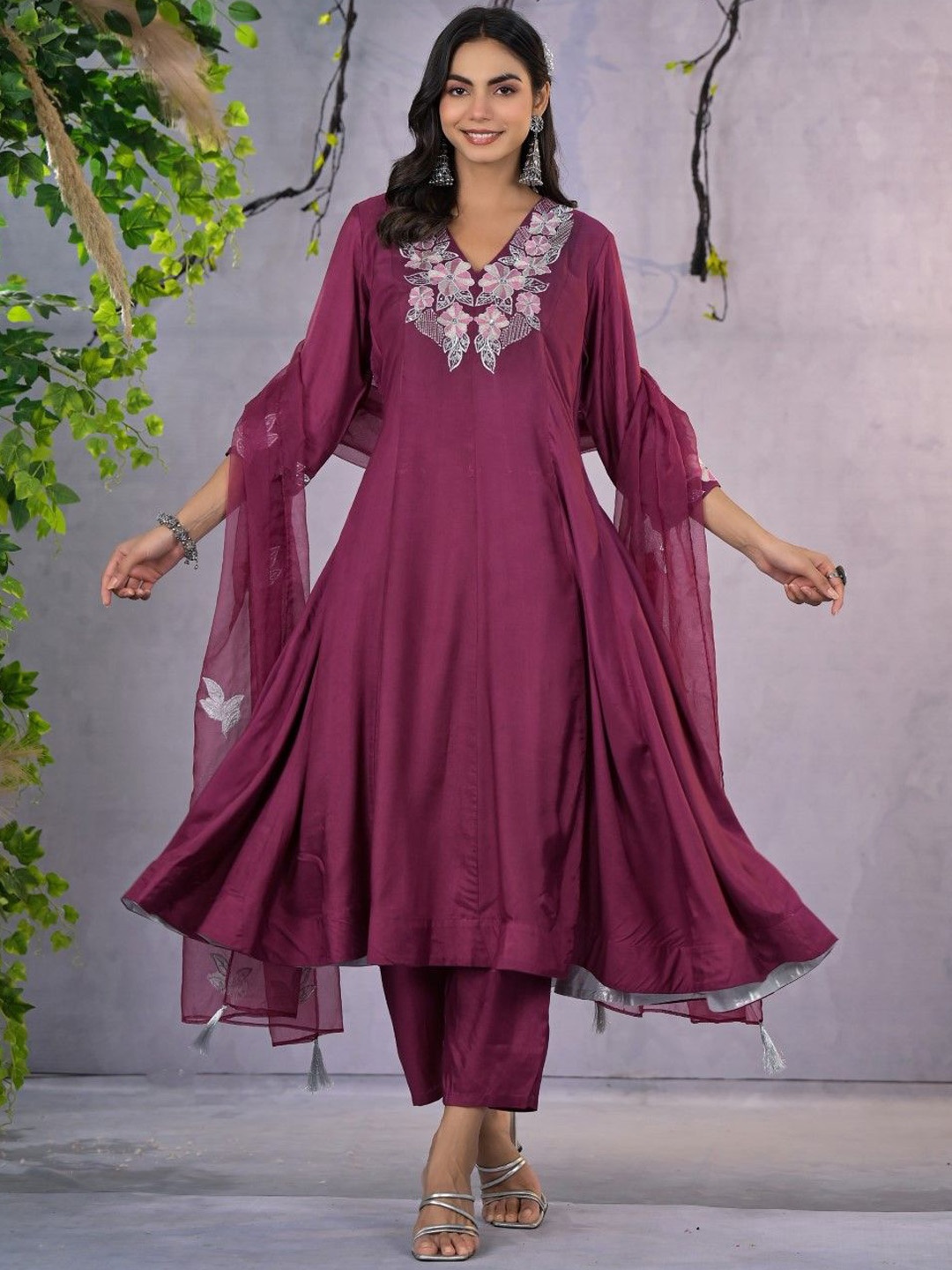 

AUTUMN LANE Floral Embroidered Regular Anarkali Kurta with Trousers & Dupatta, Purple