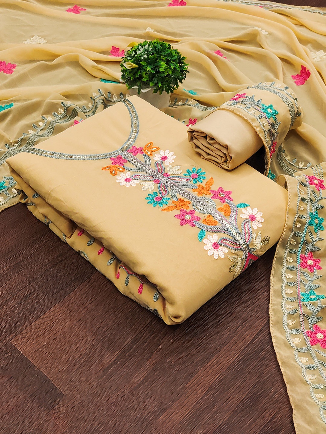 

Maroosh Floral Embroidered Sequined Unstitched Dress Material, Beige