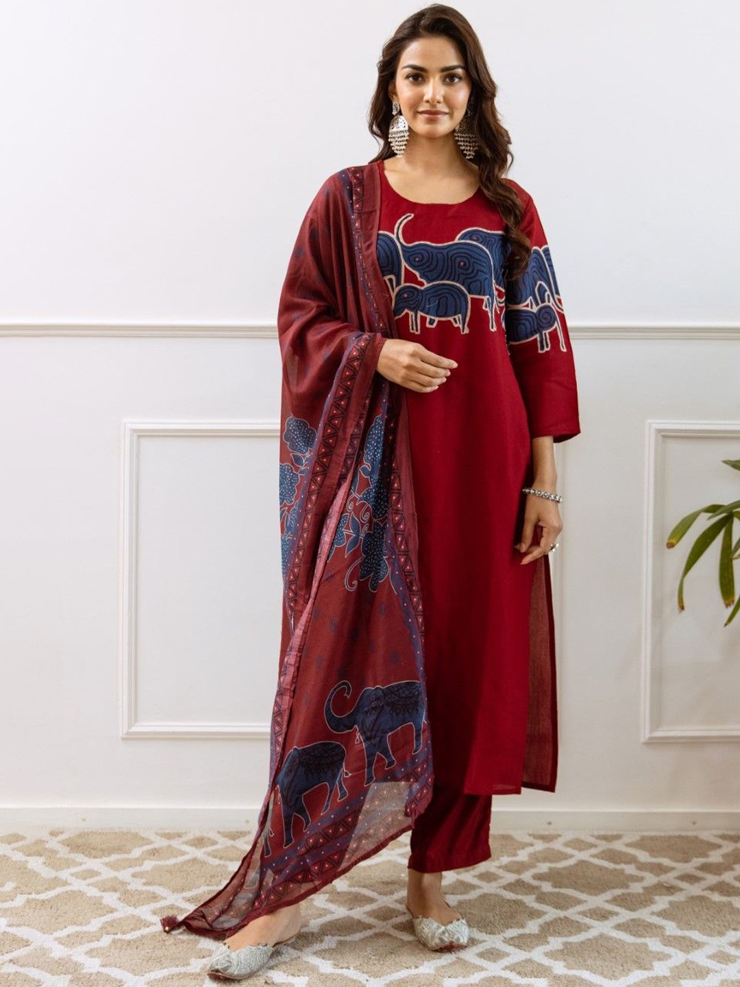 

AUTUMN LANE Abstract Printed Pure Cotton Straight Kurta With Trousers & Dupatta, Maroon
