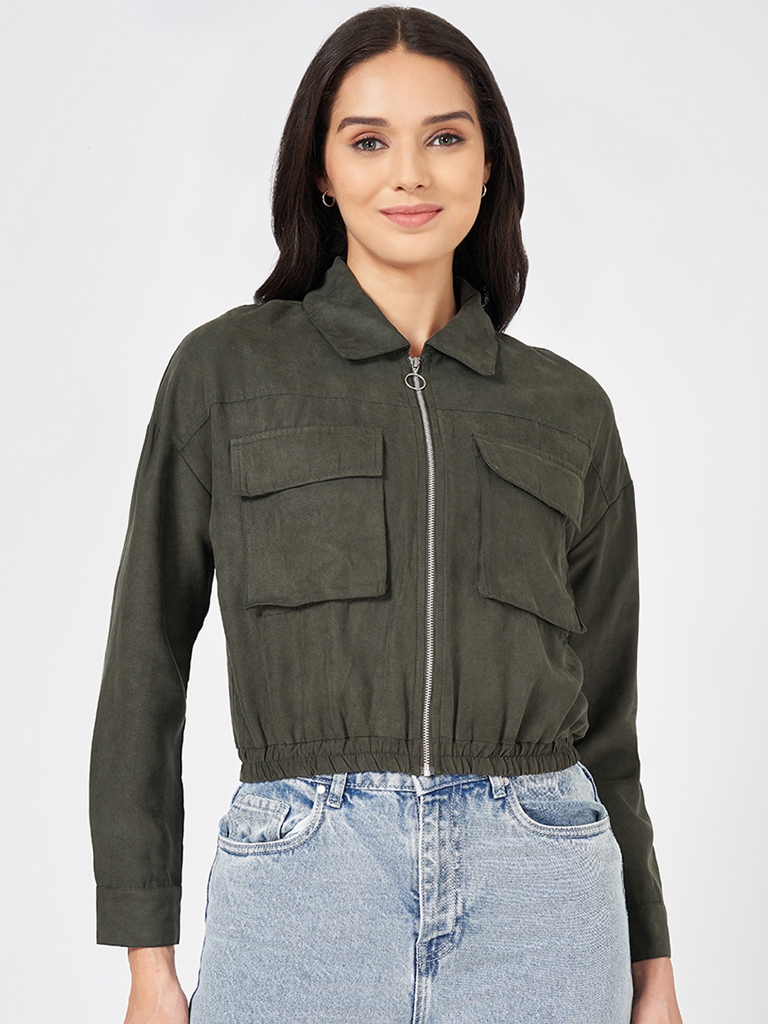 

People Women Spread Collar Solid Casual Tailored Jacket, Olive