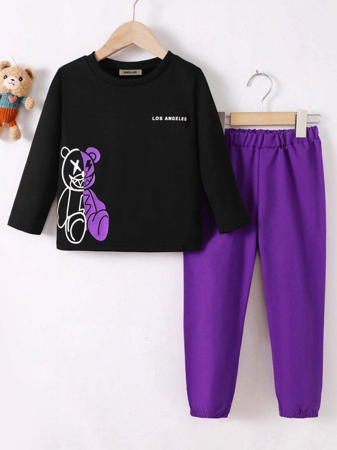 

INCLUD Girls Printed T-shirt with Trousers, Black