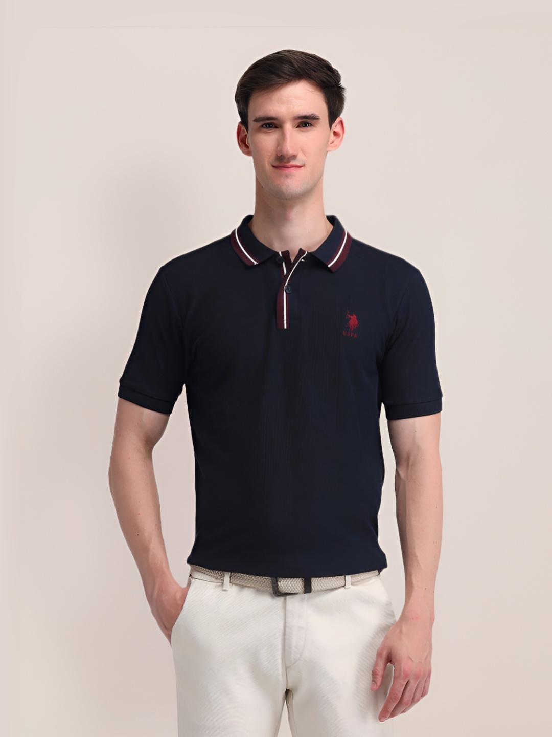 

U.S. Polo Assn. Men Solid Polo Collar Cotton Slim Fit T-shirt, Navy blue