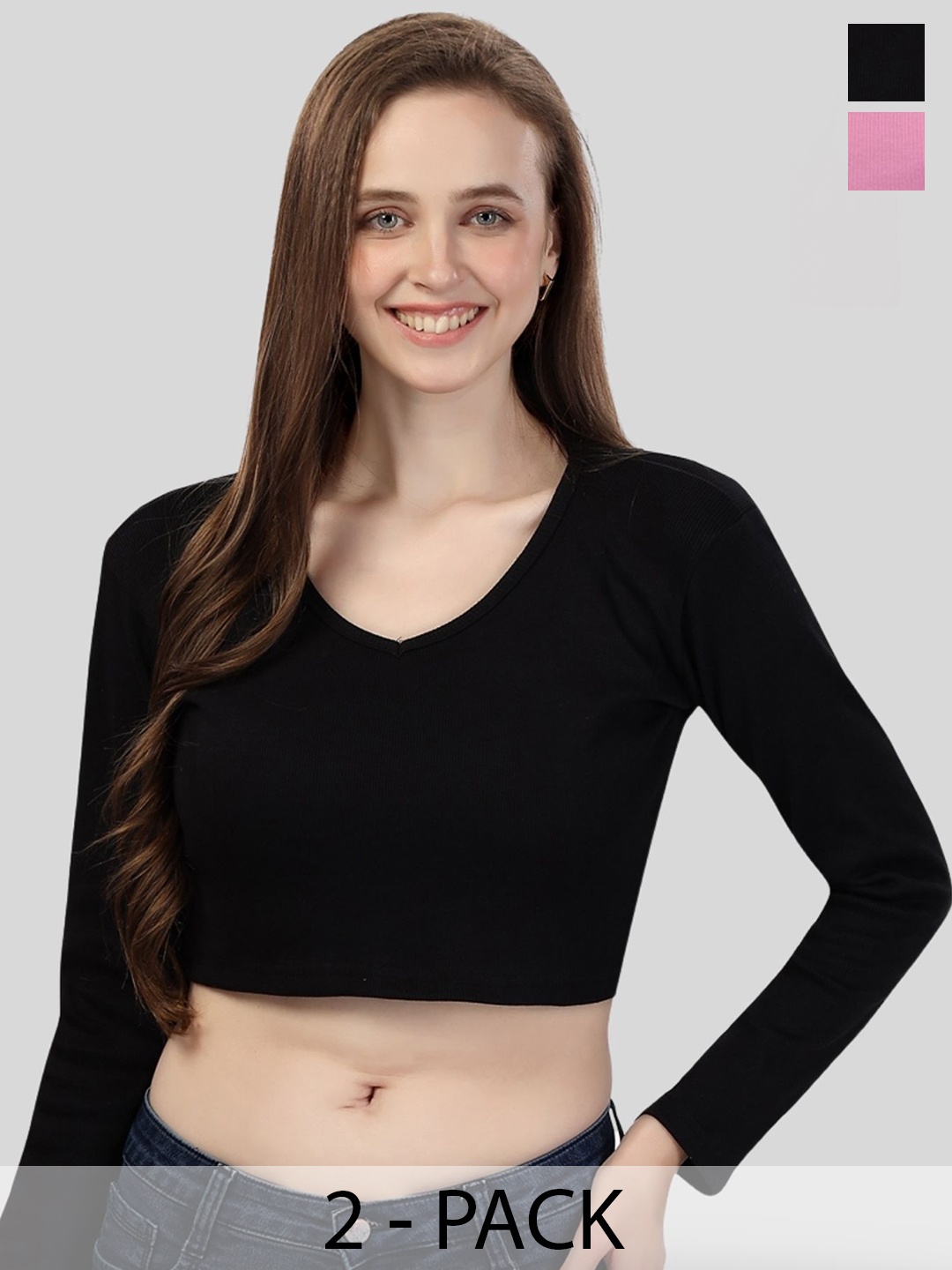

Fabme Women Cotton Long Sleeves Crop Top, Black