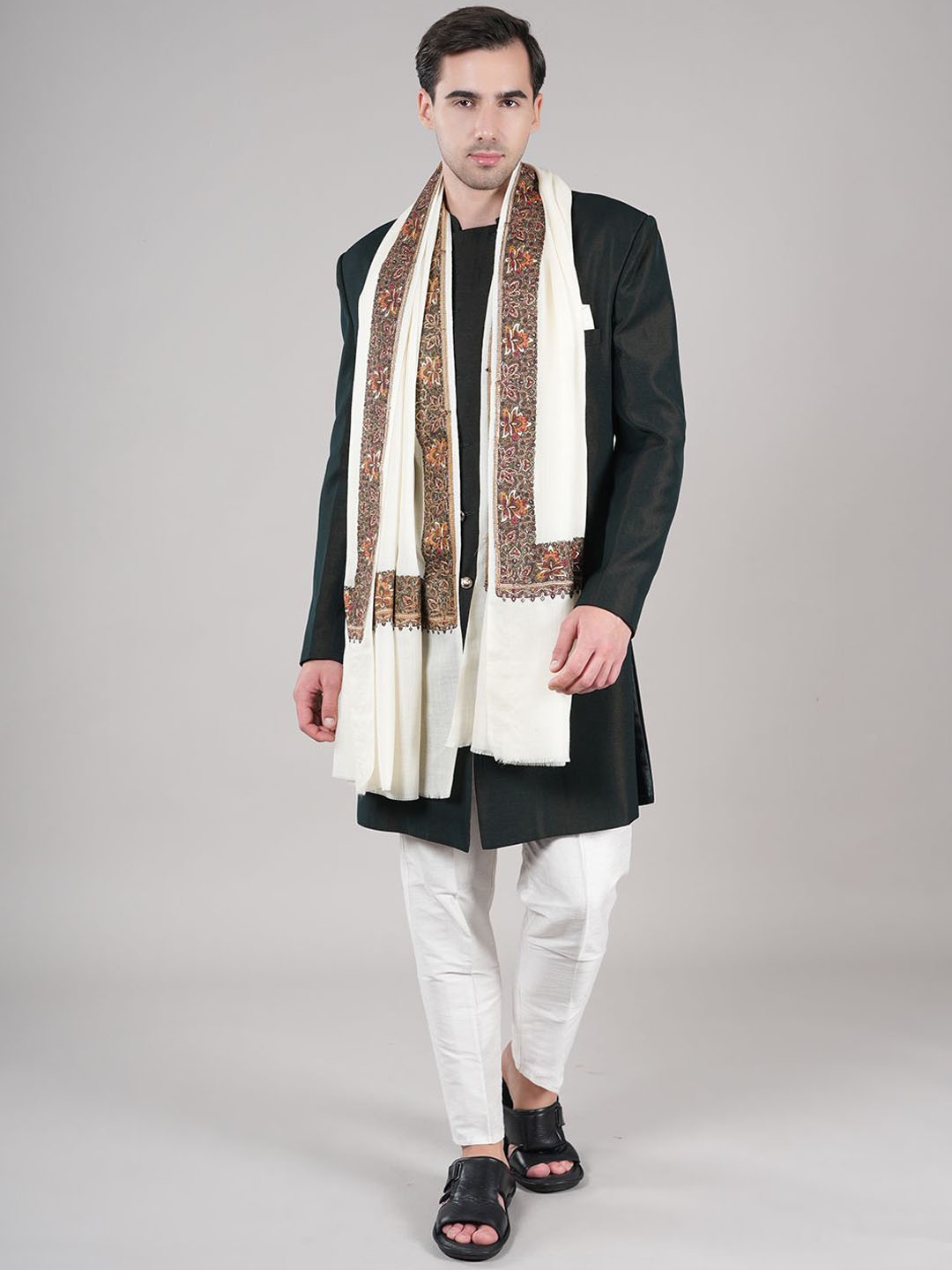 

MUFFLY Floral Printed Pashmina Woollen Shawl, White