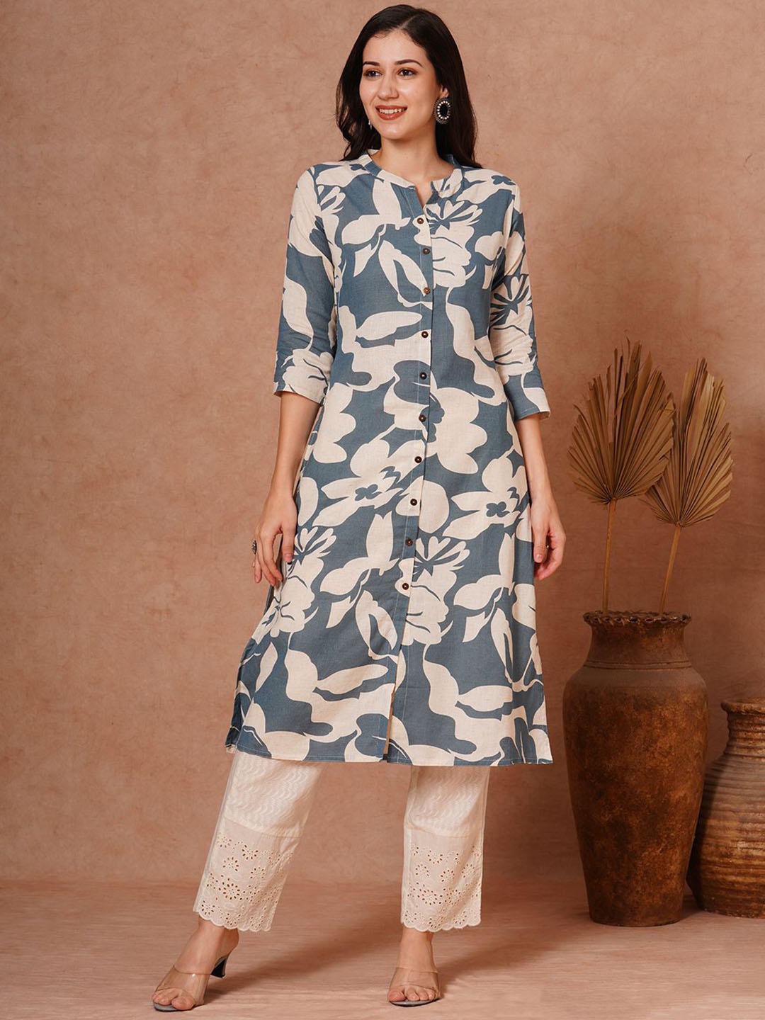 

FASHOR Abstract Printed Mandarin Collar Cotton Straight Kurta, Blue