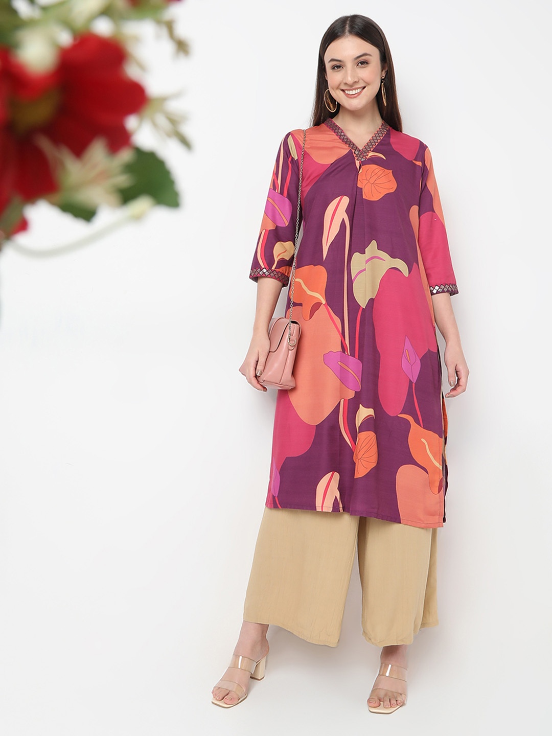 

NYLANGAN Floral Printed V Neck A Line Kurta, Purple