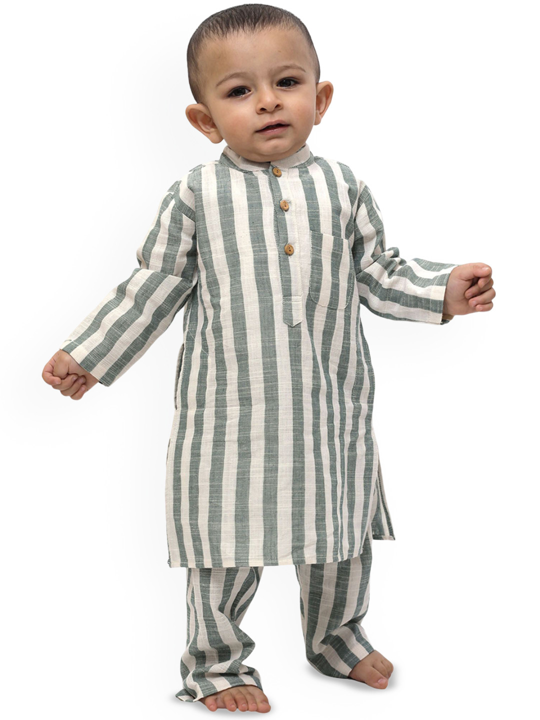 

TJORI Boys Striped Pure Cotton Kurta with Trousers, Green