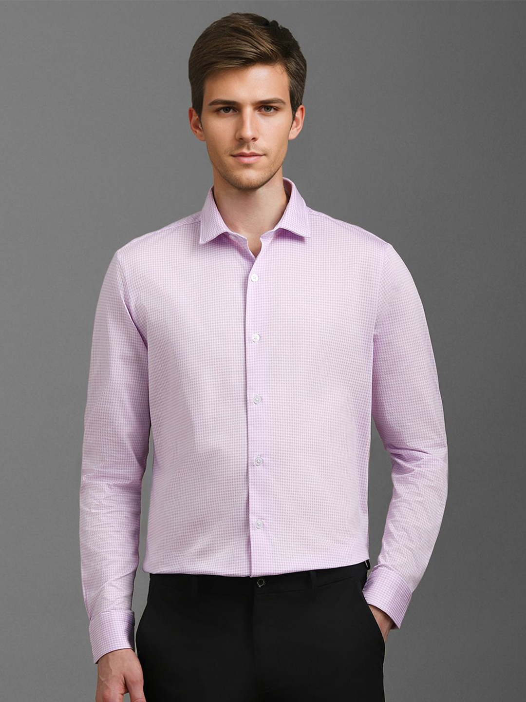 

Louis Philippe Men Spread Collar Checked Cotton Slim Fit Formal Shirt, Lavender