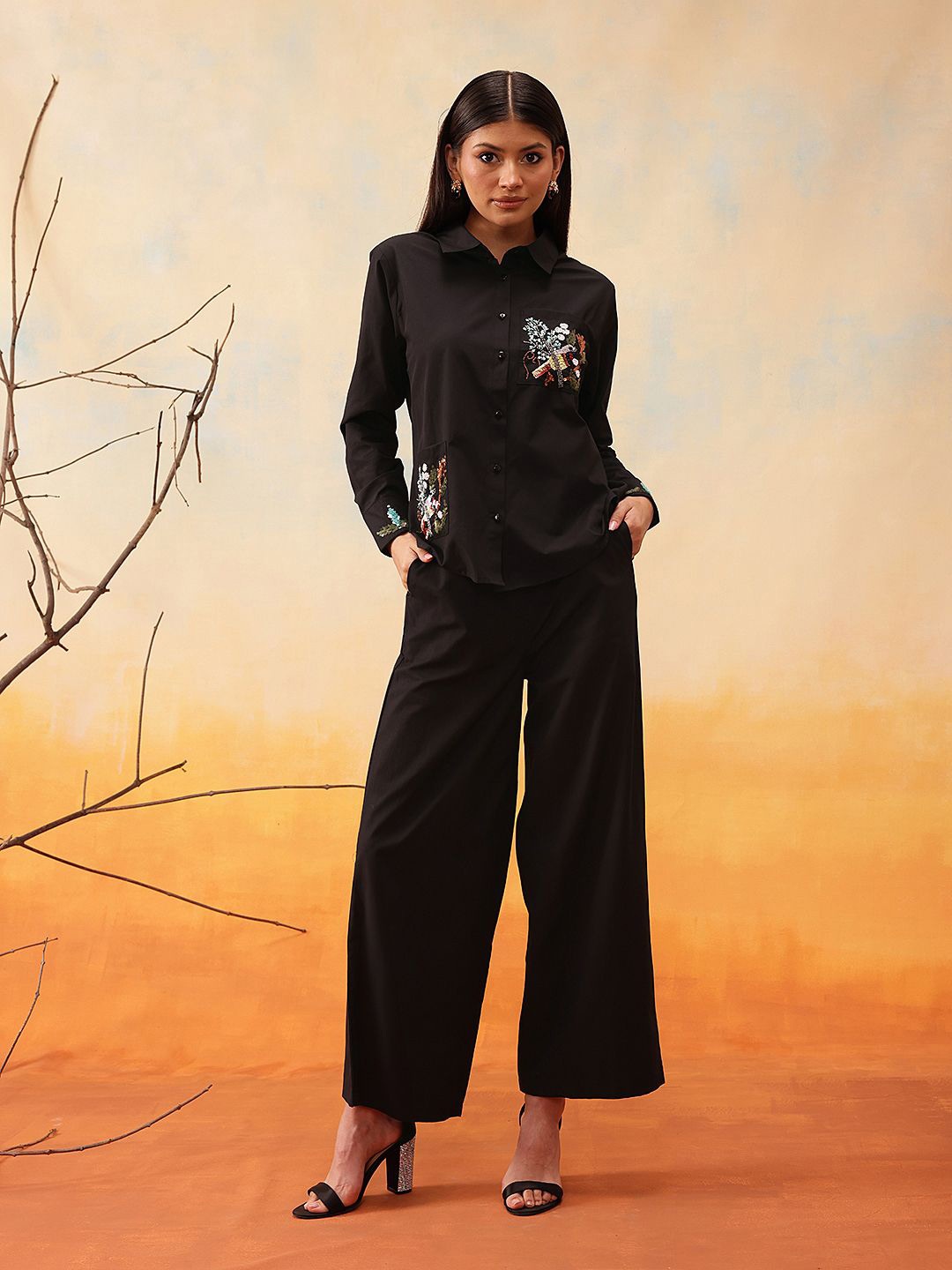 

indo street Embroidered Shirt With Trousers, Black
