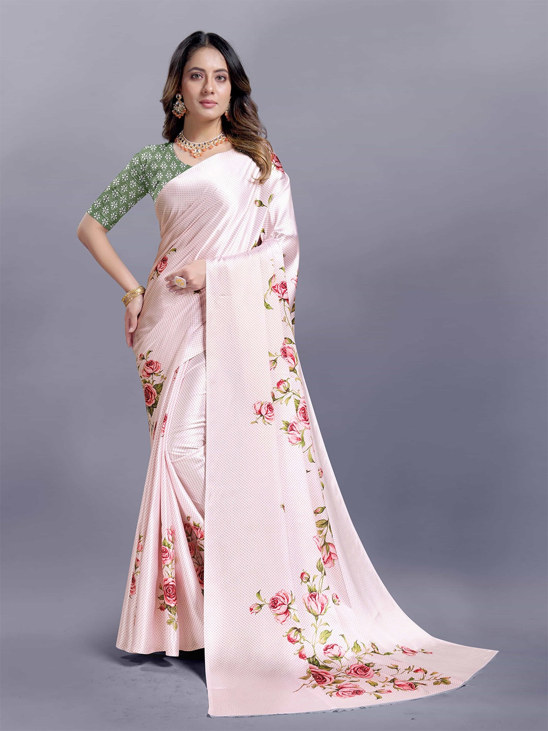 

V3 FASHION STUDIO Floral Printed Satin Saree With Blouse Piece, White