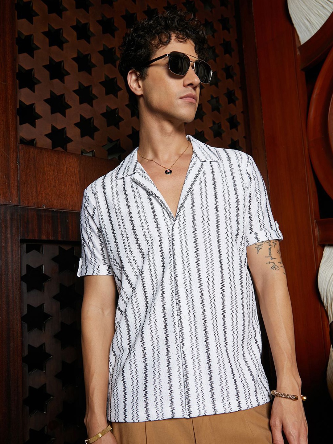 

Campus Sutra Men Comfort Cuban Collar Striped Casual Shirt, White