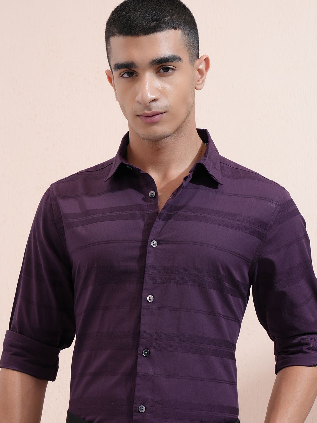 

Highlander Men Dobby Textured Striped Casual Shirt, Purple