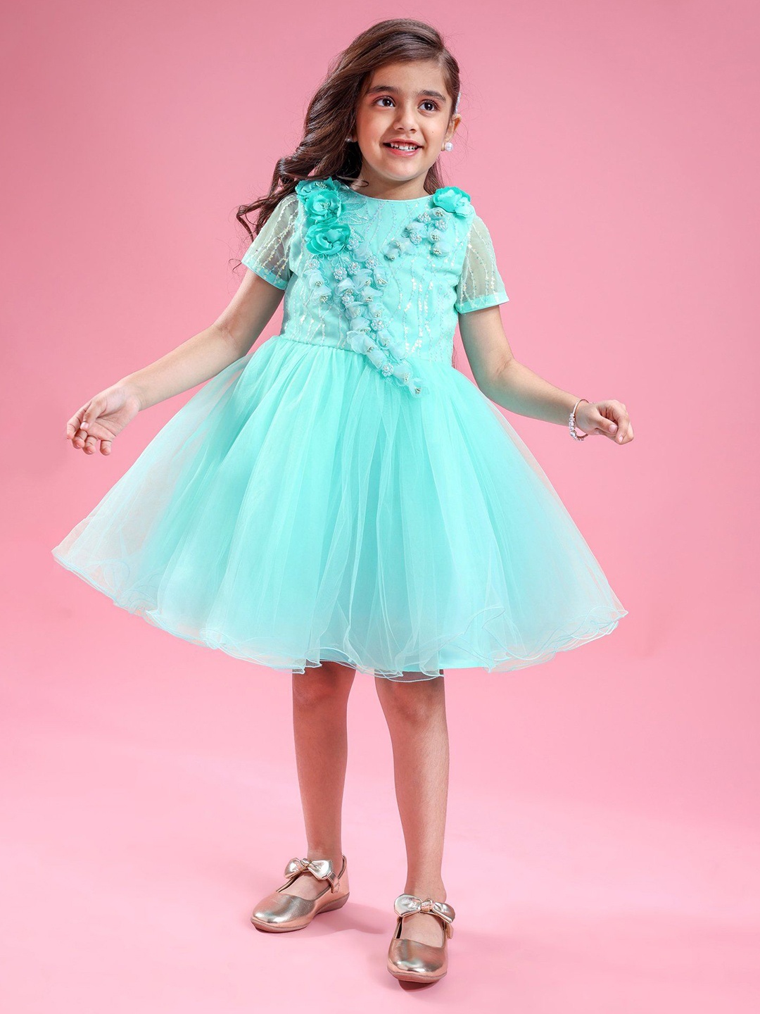 

Mark & Mia Girl Woven Half Sleeves Knee Length Partywear Dress, Blue