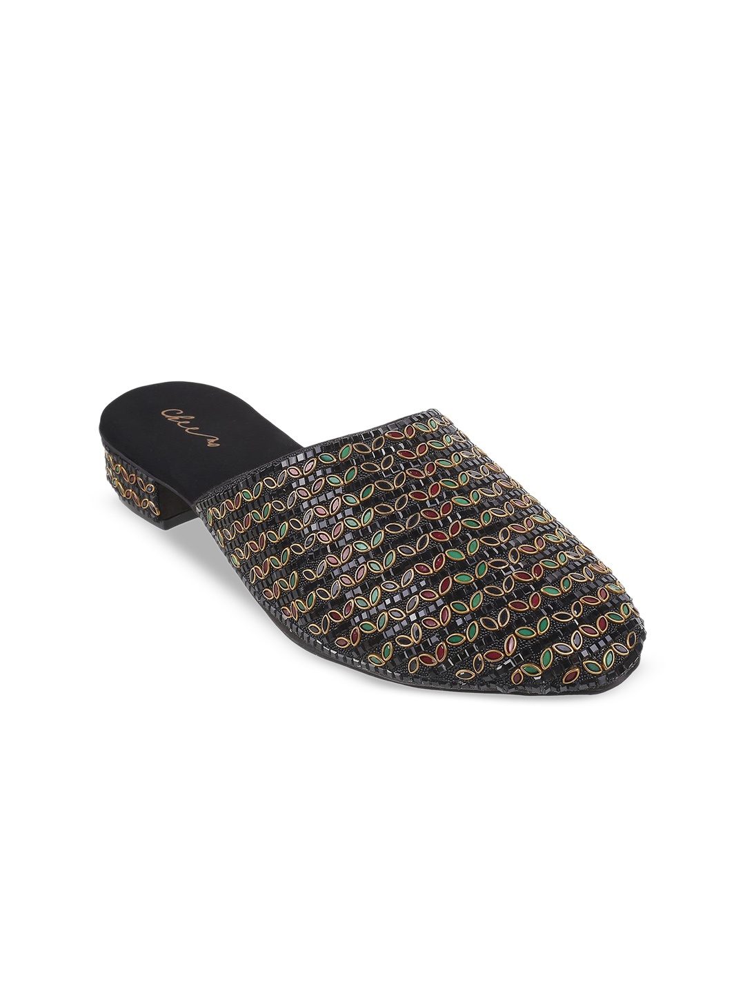 

Cheemo Embellished Ethnic Block Mules, Black