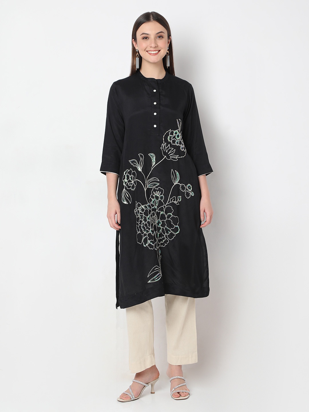 

NYLANGAN Floral Printed A Line Kurta, Black