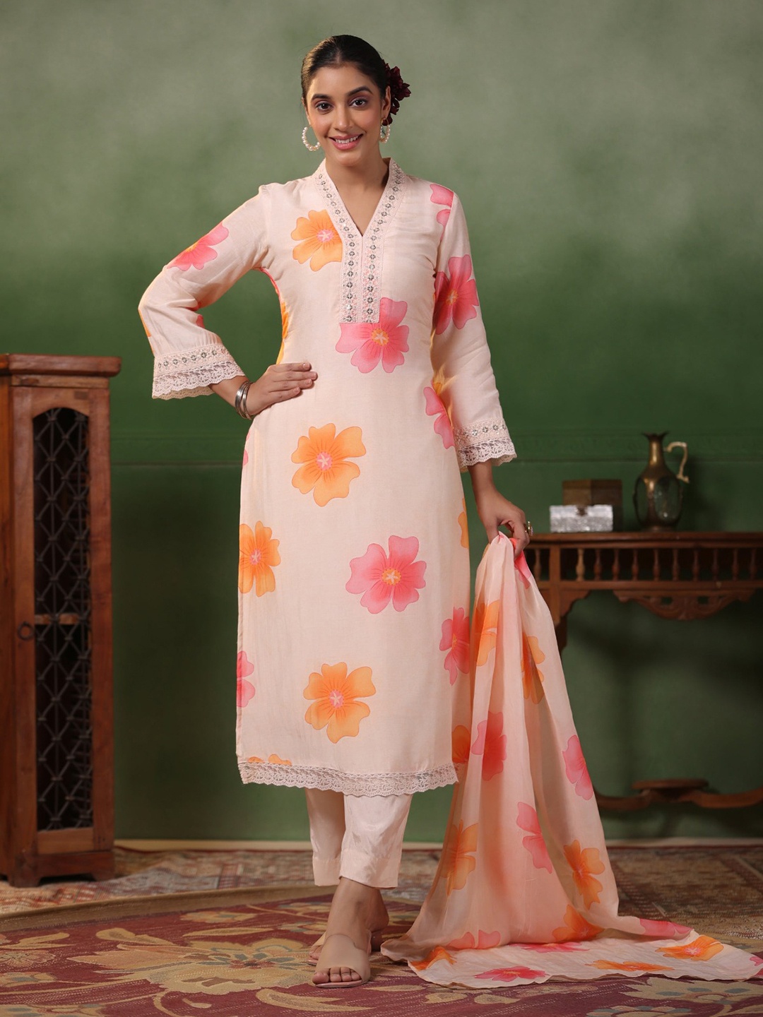 

KALINI Ethnic Motifs Printed Sequinned Silk Crepe Kurta with Trouser & Dupatta, Peach