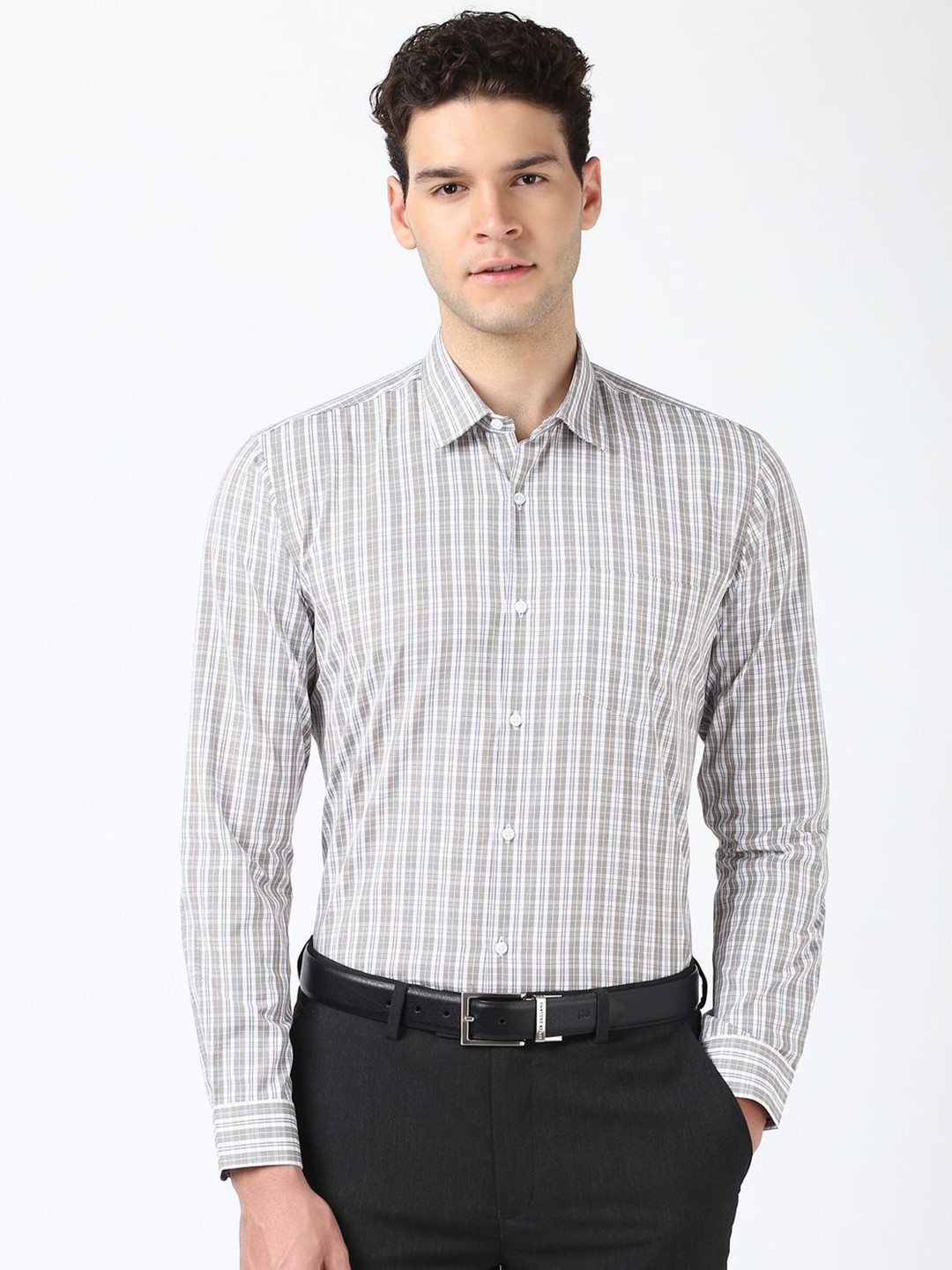 

Peter England Men Spread Collar Checked Cotton Formal Shirt, Grey