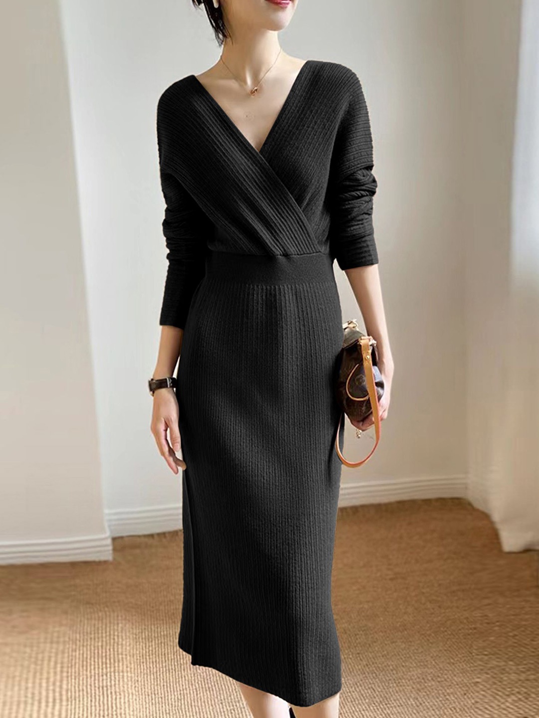 

LULU & SKY Women V-Neck Wrap Midi Dress, Black