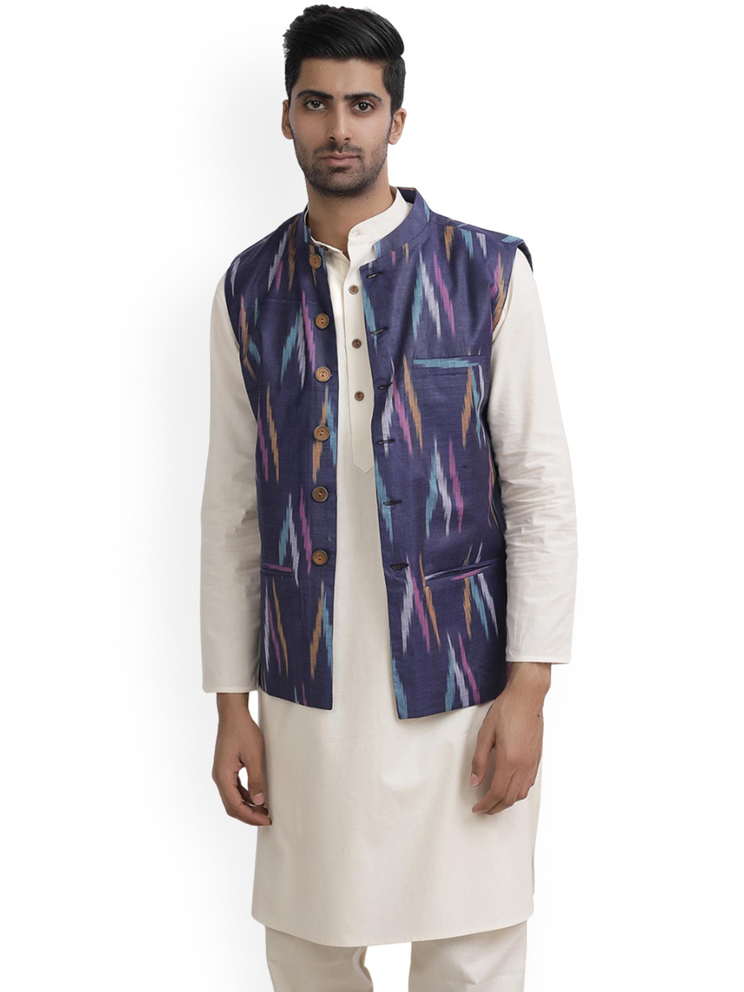 

TJORI Printed Pure Cotton Corduroy Nehru Jackets, Blue