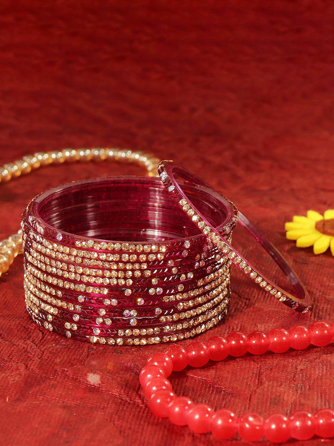 

LAVAZZA Set Of 12 Zircon Diamond Stone & Beads Studded Glass Bangles, Burgundy
