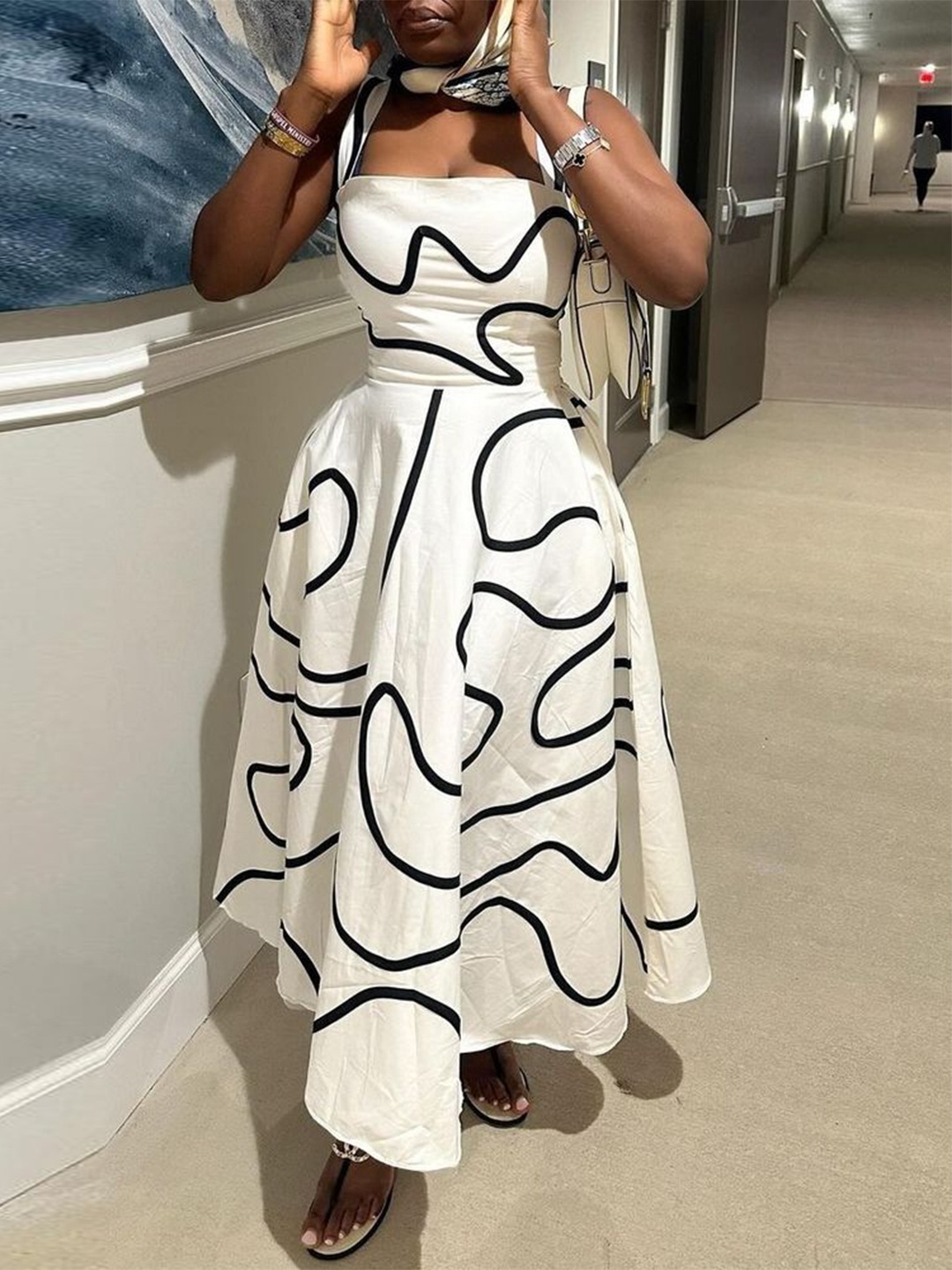 

LULU & SKY Abstract Printed Shoulder Straps Maxi Fit and Flare Dress, White
