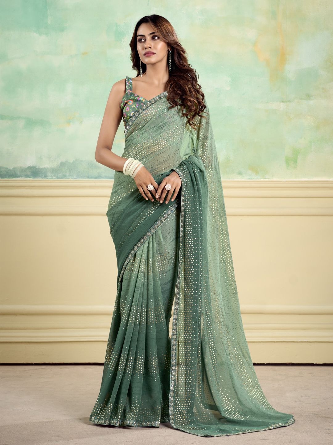 

CHUDIYA Printed Pure Georgette Saree with Blouse Piece, Teal