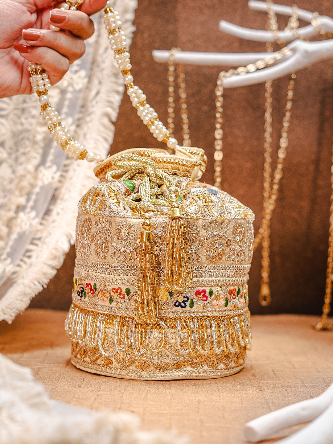 

NR By Nidhi Rathi Embellished Potli Clutch, Gold