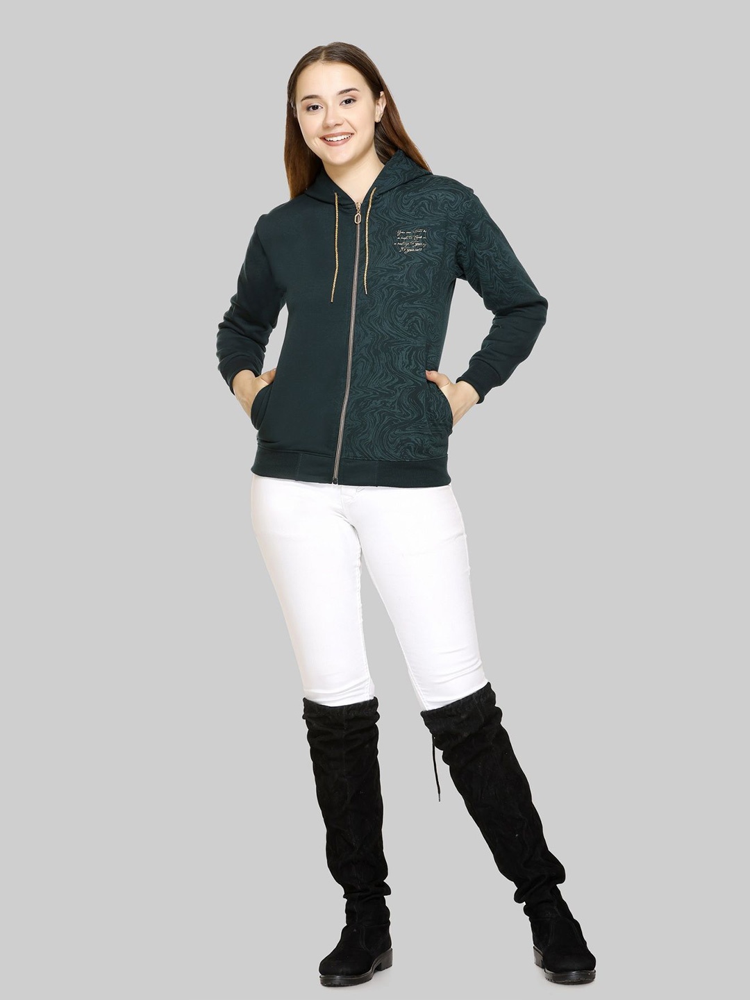 

Pink Marie Women Self Design Hooded Sweatshirt, Green