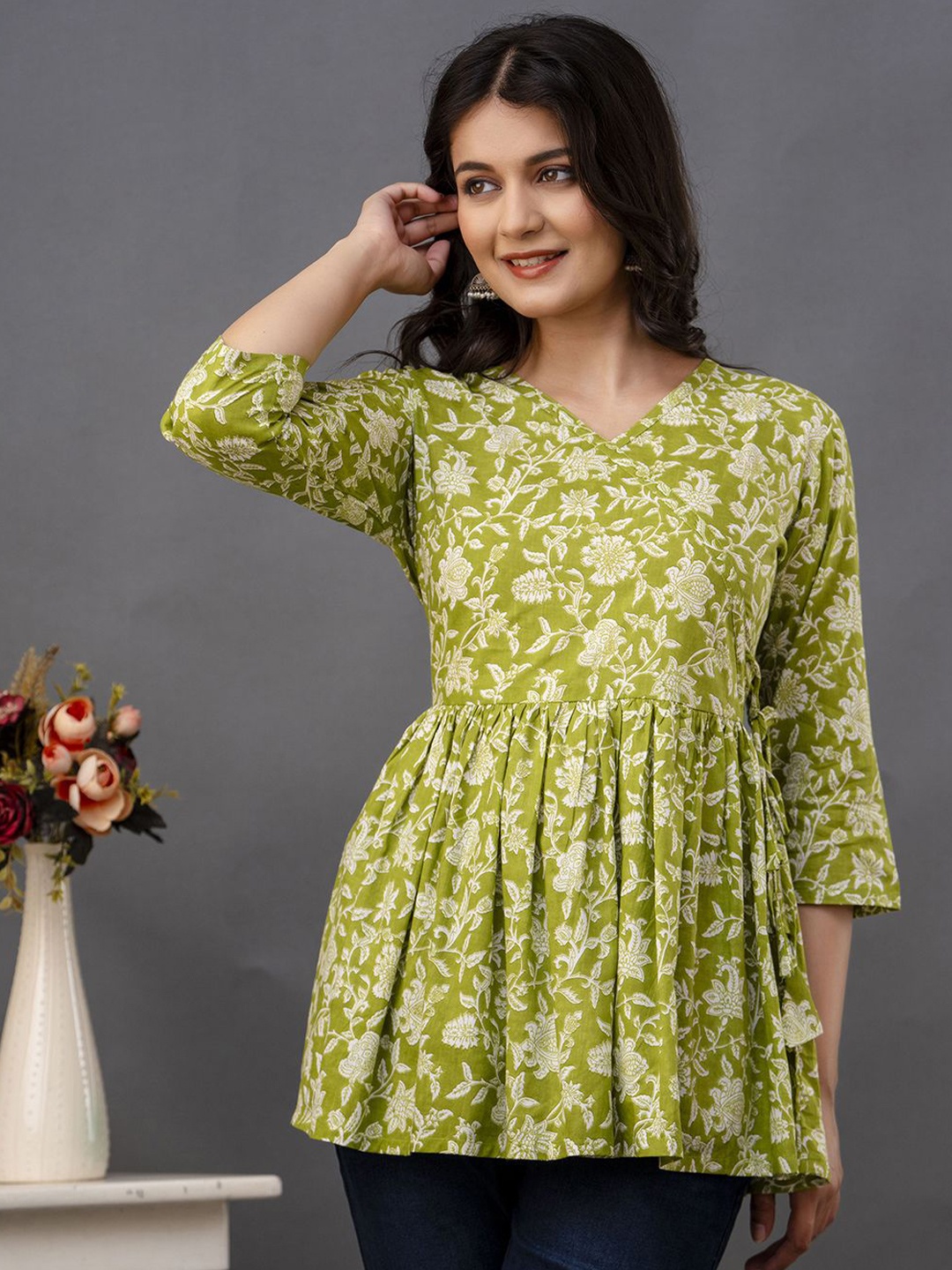 

NISHABD Women Pure Cotton Floral Printed Wrap Top, Green