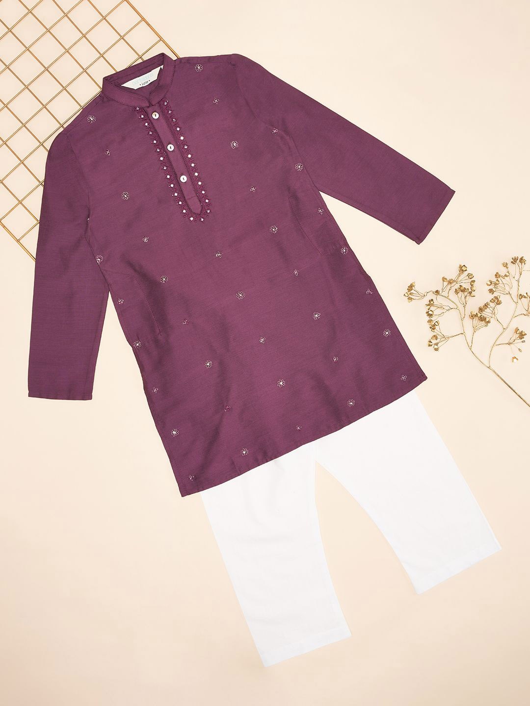 

indus route by Pantaloons Boys Floral Embroidered Mandarin Collar Kurta with Pyjama, Purple