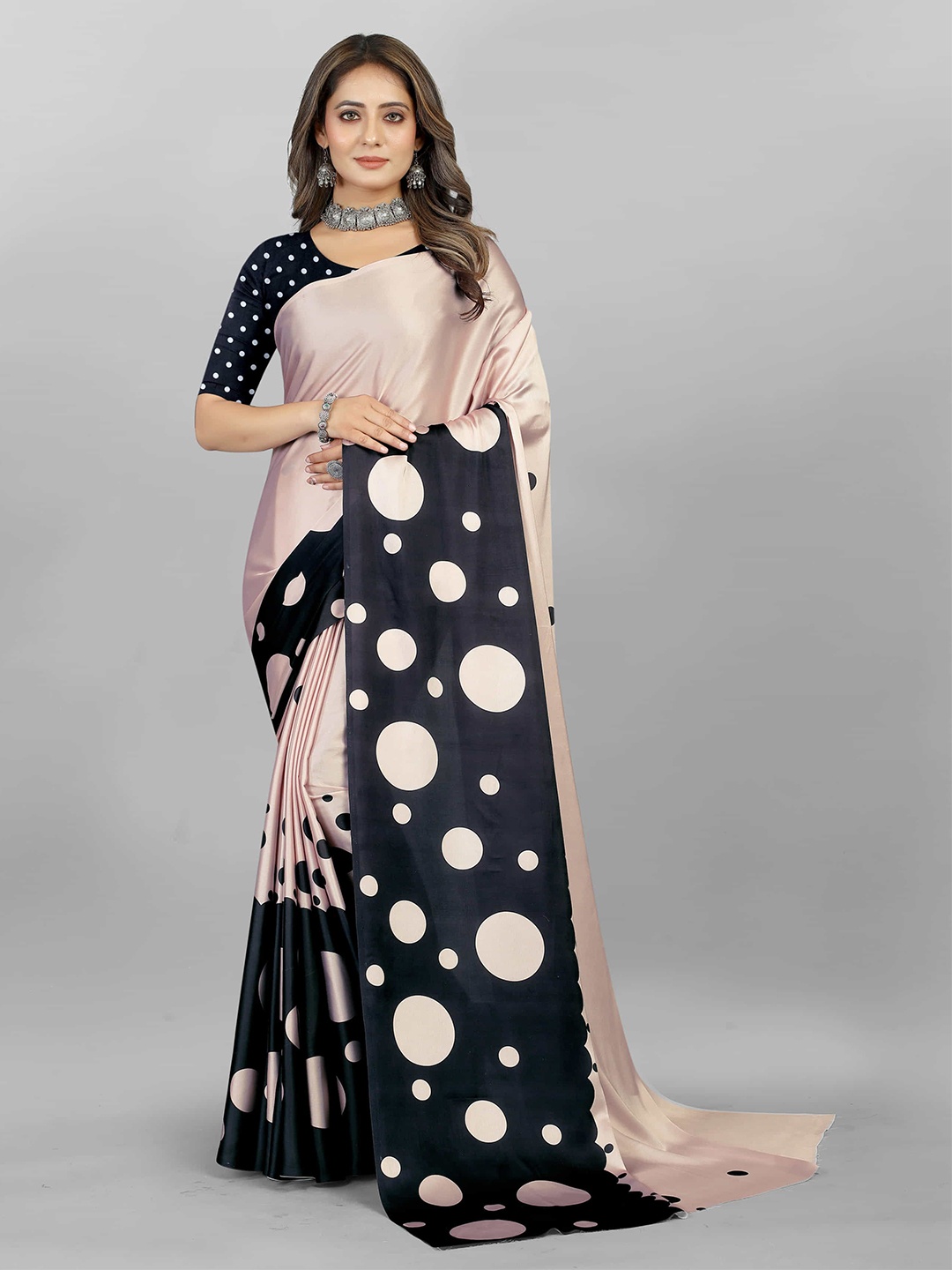 

V3 FASHION STUDIO Polka Dot Digital Print Satin Saree, Pink