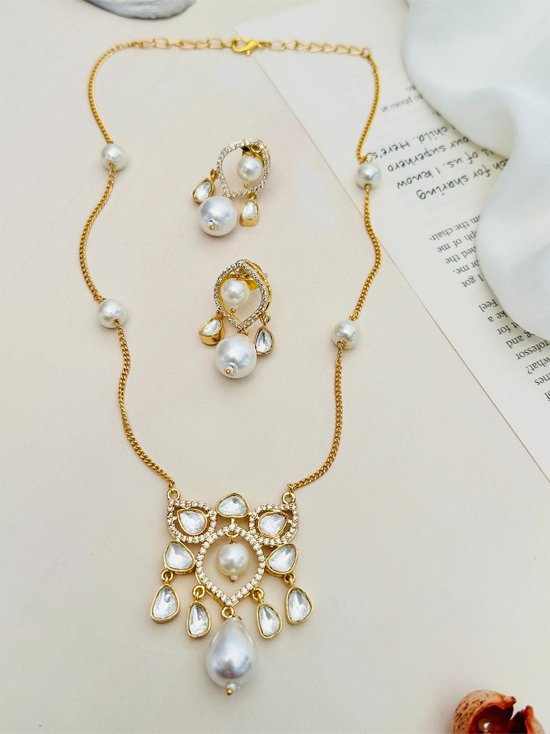 

ABDESIGNS Gold Plated Polki American Diamond-Studded Jewellery Set