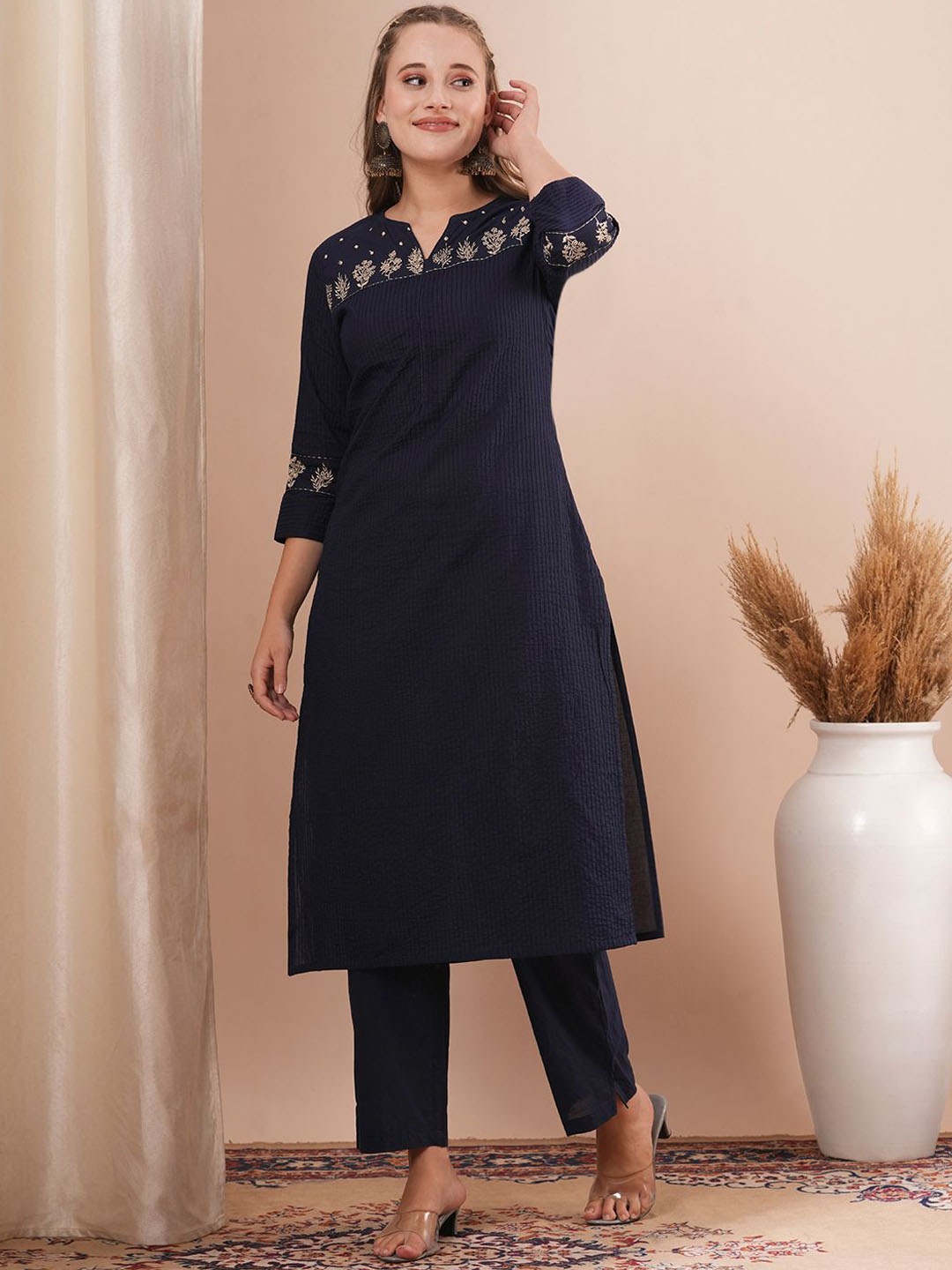 

FASHOR Floral Embroidered Pin Tucked V-Neck Pure Cotton Tunic With Trousers, Navy blue