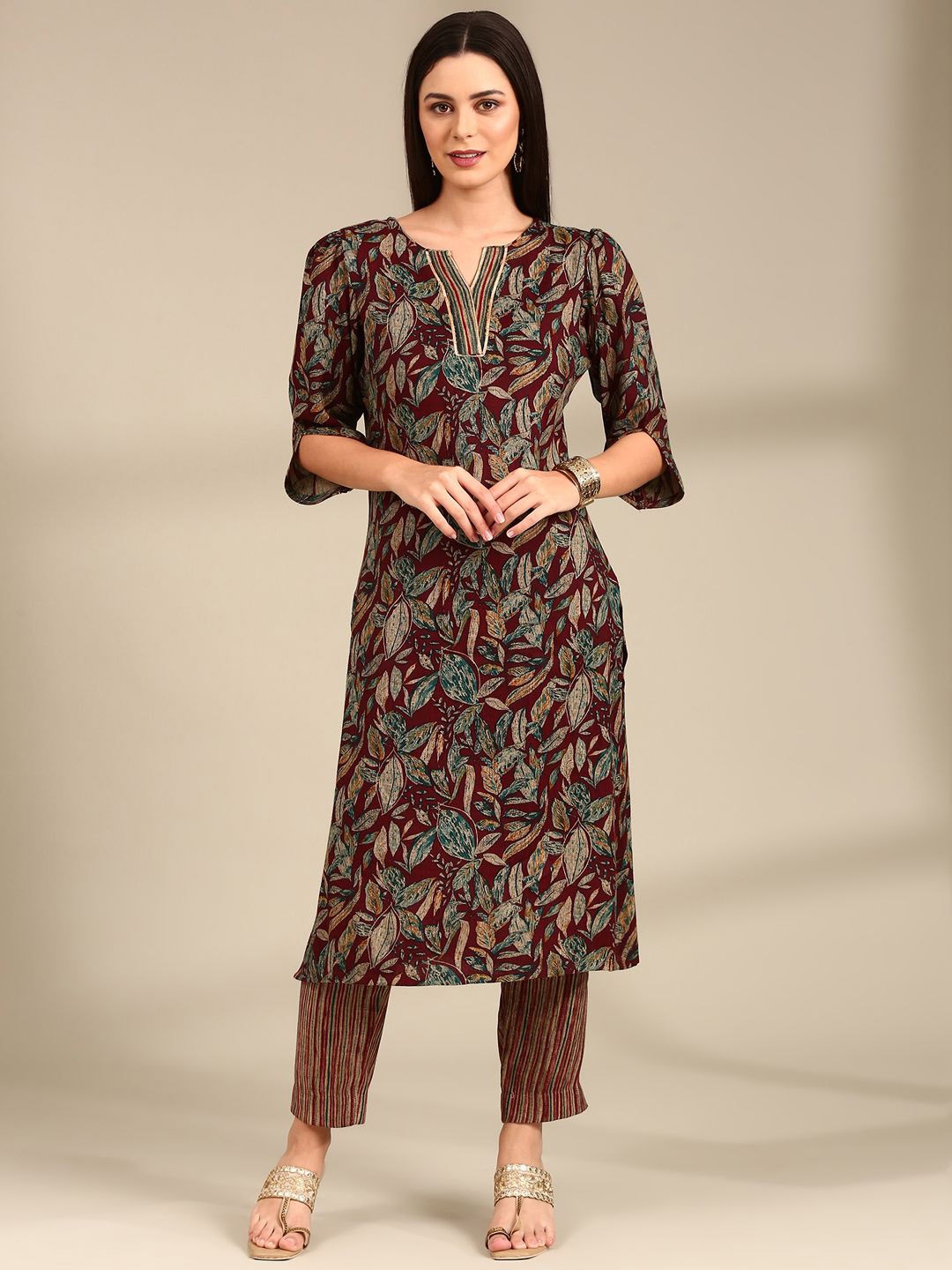 

Anouk Maroon Floral Printed Straight Kurta With Trouser