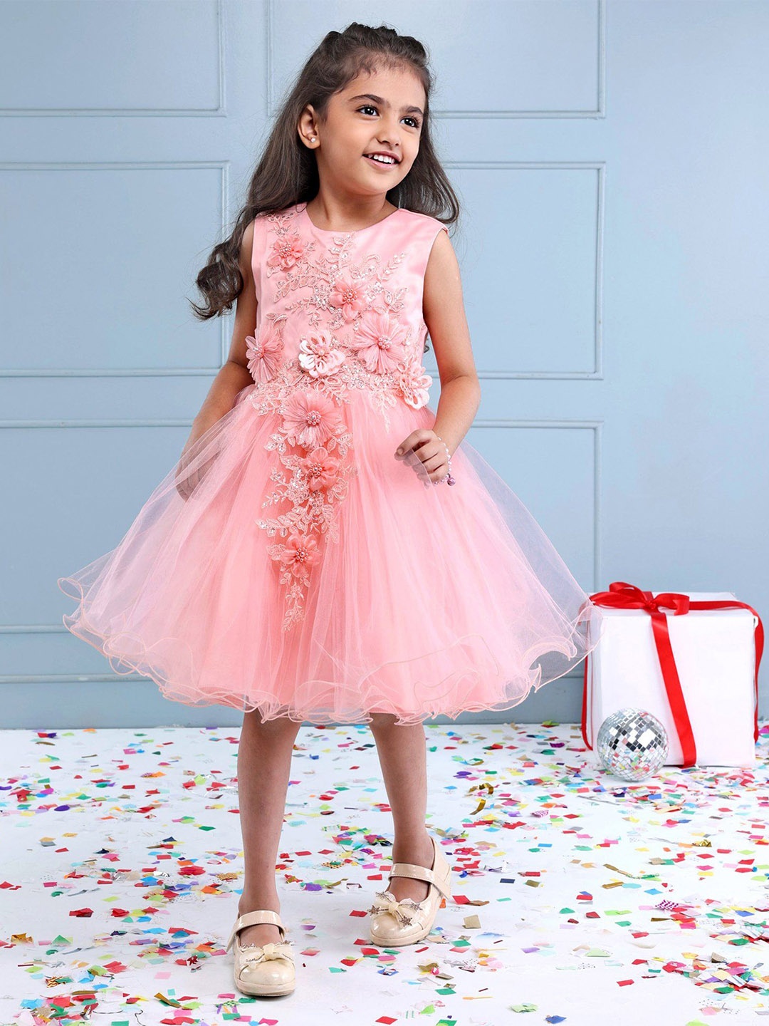 

Mark & Mia Girl's Embellished Self Design Fit - Flare Dress, Pink