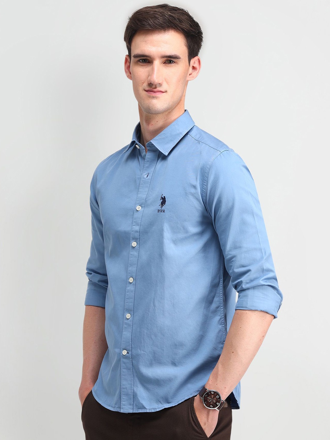 

U.S. Polo Assn. Denim Co. Men Manhattan Spread Collar Solid Cotton Slim Fit Casual Shirt, Blue
