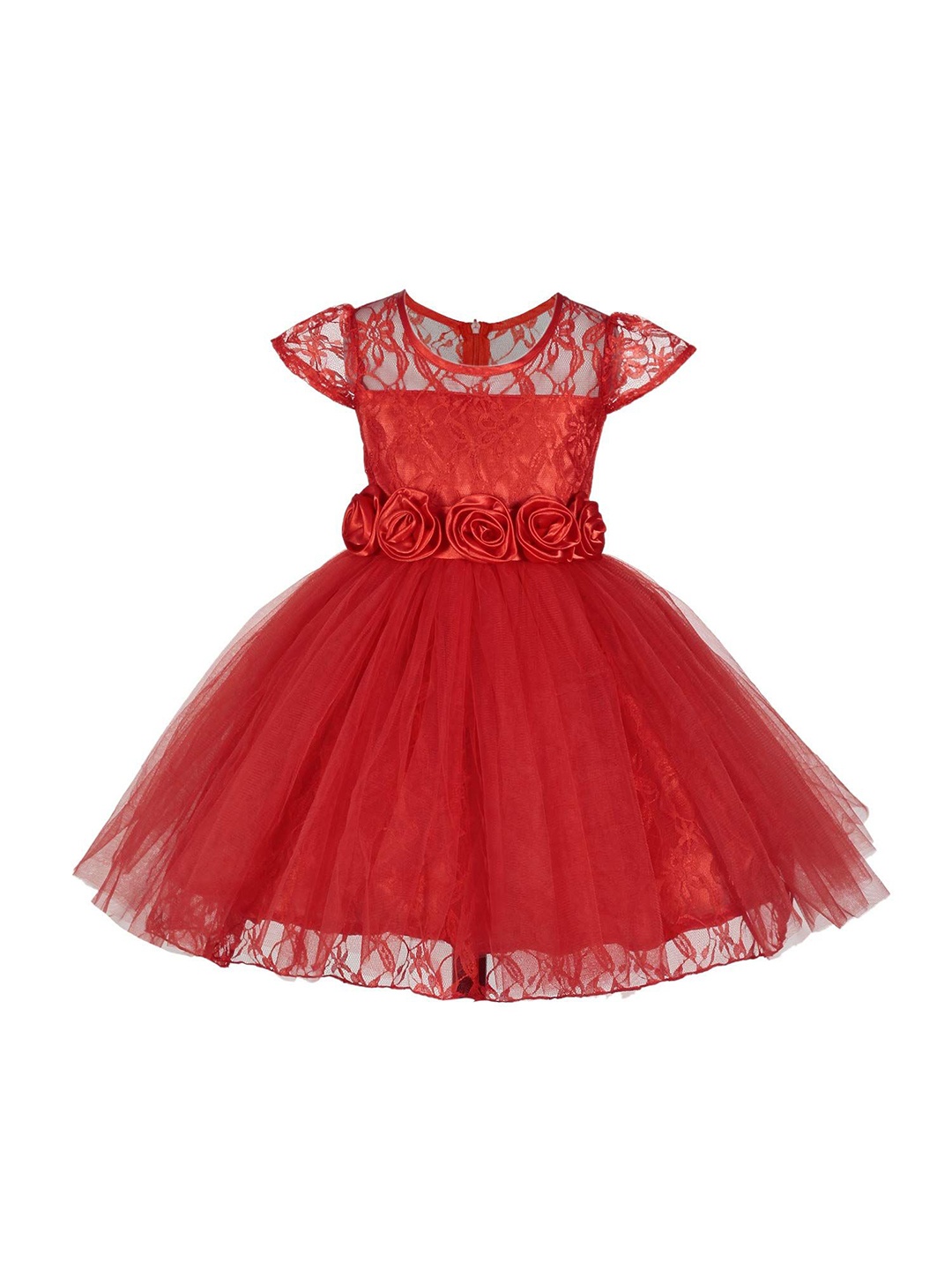 

Wish little Girls Self Design Cape Sleeve A-Line Dress, Red