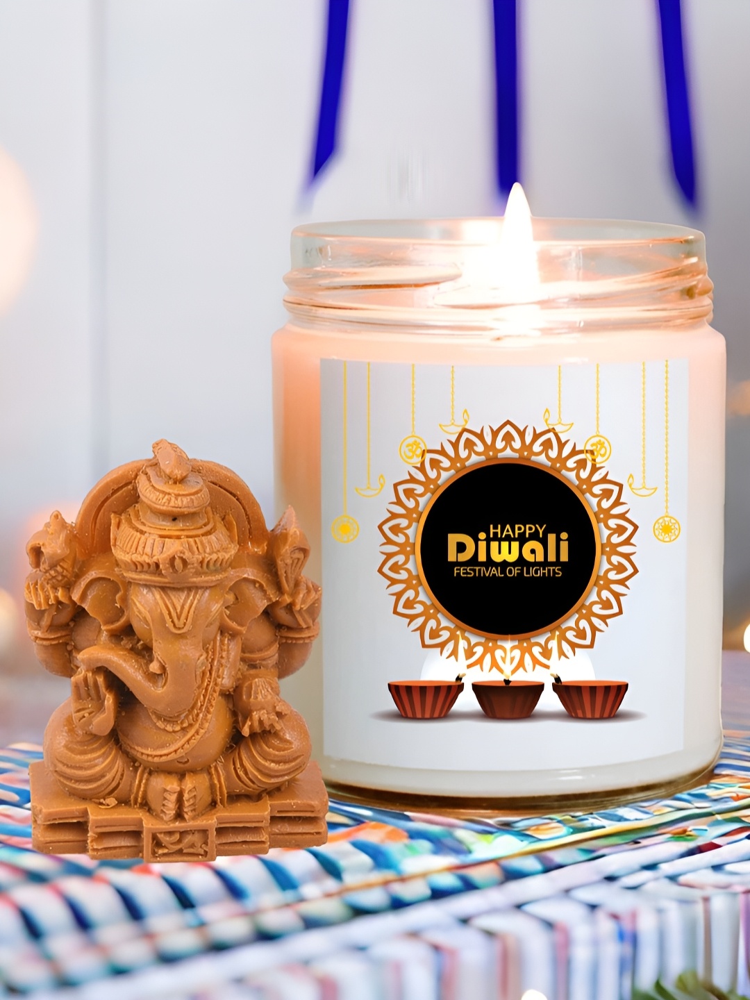 

Aromatic Fables White & Brown Serenity Rose Scented Glass Jar Candle with Ganesha Idol